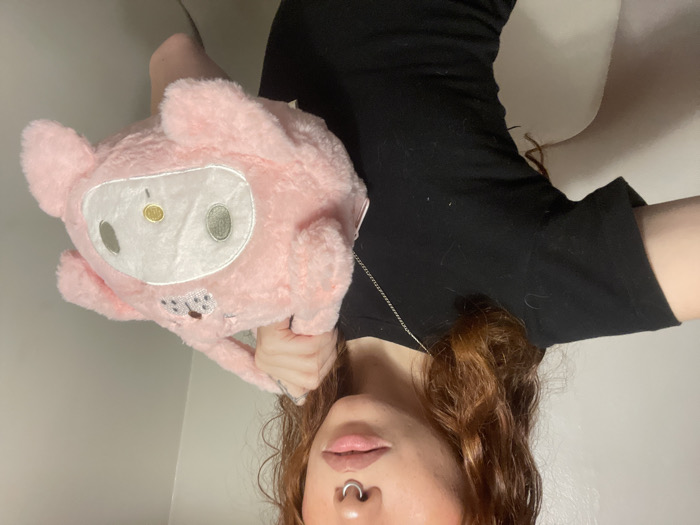 A person wearing a black shirt and a nose ring poses with a pink, plush purse that resembles a bunny. The individual has curly, reddish-brown hair. The background is a plain white wall. The image is oriented upside down.