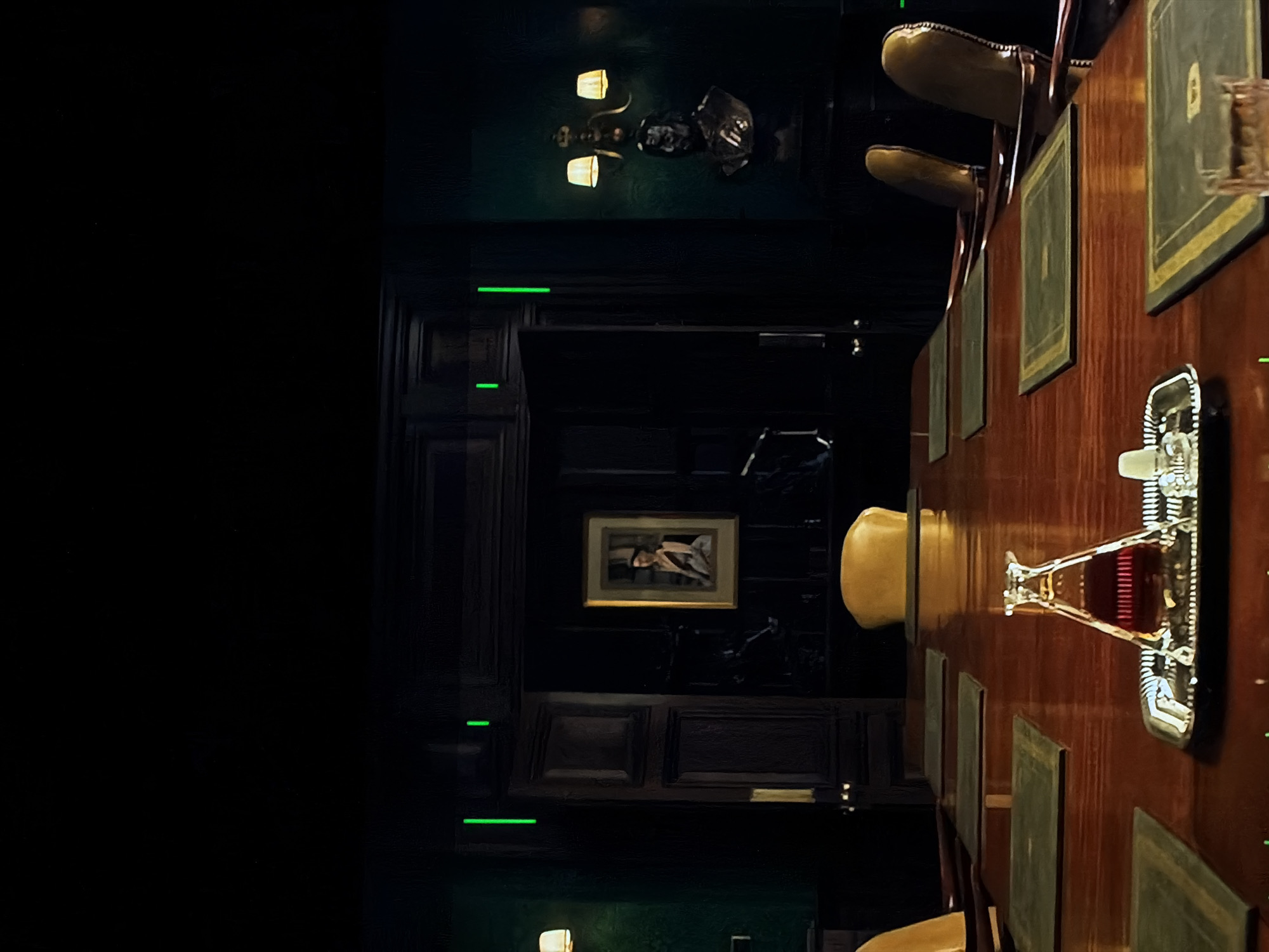 The image depicts a formal, dimly lit interior room, rotated 90 degrees clockwise. The scene is dominated by a long, polished wooden table, possibly a dining or conference table, extending into the foreground on the right side of the frame (if correctly oriented). Several upholstered chairs with light-colored seats and dark wooden frames are visible along one side of the table.
On the table surface, a decanter filled with a red liquid rests on a silver tray. Alongside it, and further down the table, are multiple framed plaques or pictures with dark borders and lighter centers, suggesting a decorative or commemorative purpose.
The background features dark wooden wall paneling, giving the room a classic and traditional aesthetic. Two wall sconces with glowing lamps illuminate the upper section of the far wall, where a framed painting is mounted. The painting, in a gold frame, appears to depict figures or objects in a muted palette.
No people are visible, and no specific activity is taking place, though the arrangement suggests a room prepared for a formal gathering or meal. The lighting is artificial and subdued, contributing to a somber or elegant atmosphere. Thin, bright green horizontal lines are visible across various parts of the image, appearing as digital artifacts rather than elements of the scene. There is no discernible text within the image. While a location of Sofiivska Borshchahivka, Ukraine is provided, no specific visual cues in the image confirm this geographical context.