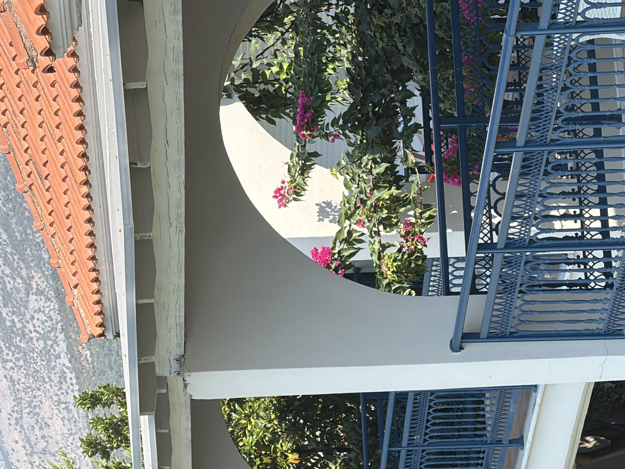 The image shows an exterior view of a building with red tile roofing and a light-colored facade. A section of the building features an arched walkway, revealing lush green foliage and vibrant pink flowers, likely bougainvillea. A blue metal railing with an ornate design runs along a balcony or walkway in the foreground. In the background, a dry, rocky hillside is visible under a bright sky. The scene appears to be in a Mediterranean or similar climate, consistent with the Municipal Unit of Alyzia, Greece. There are no people present in the image.