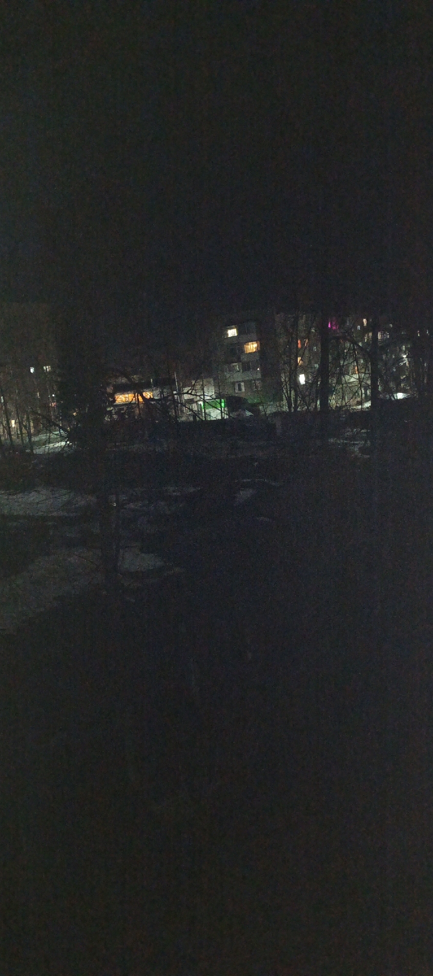 The image shows a night scene in what appears to be a residential area. In the distance, there is a building with several lit windows, suggesting occupancy. The building has multiple floors. Below it, there is an illuminated orange sign and a green light. Bare trees and shrubs stand in the foreground and middle ground, obscuring some of the view. The ground shows patches of snow. The foreground is dark, likely the shadow of the photographer's location. Based on the prompt, the location is likely in the city of Chaikovsky, Russia. There is no visible human activity.