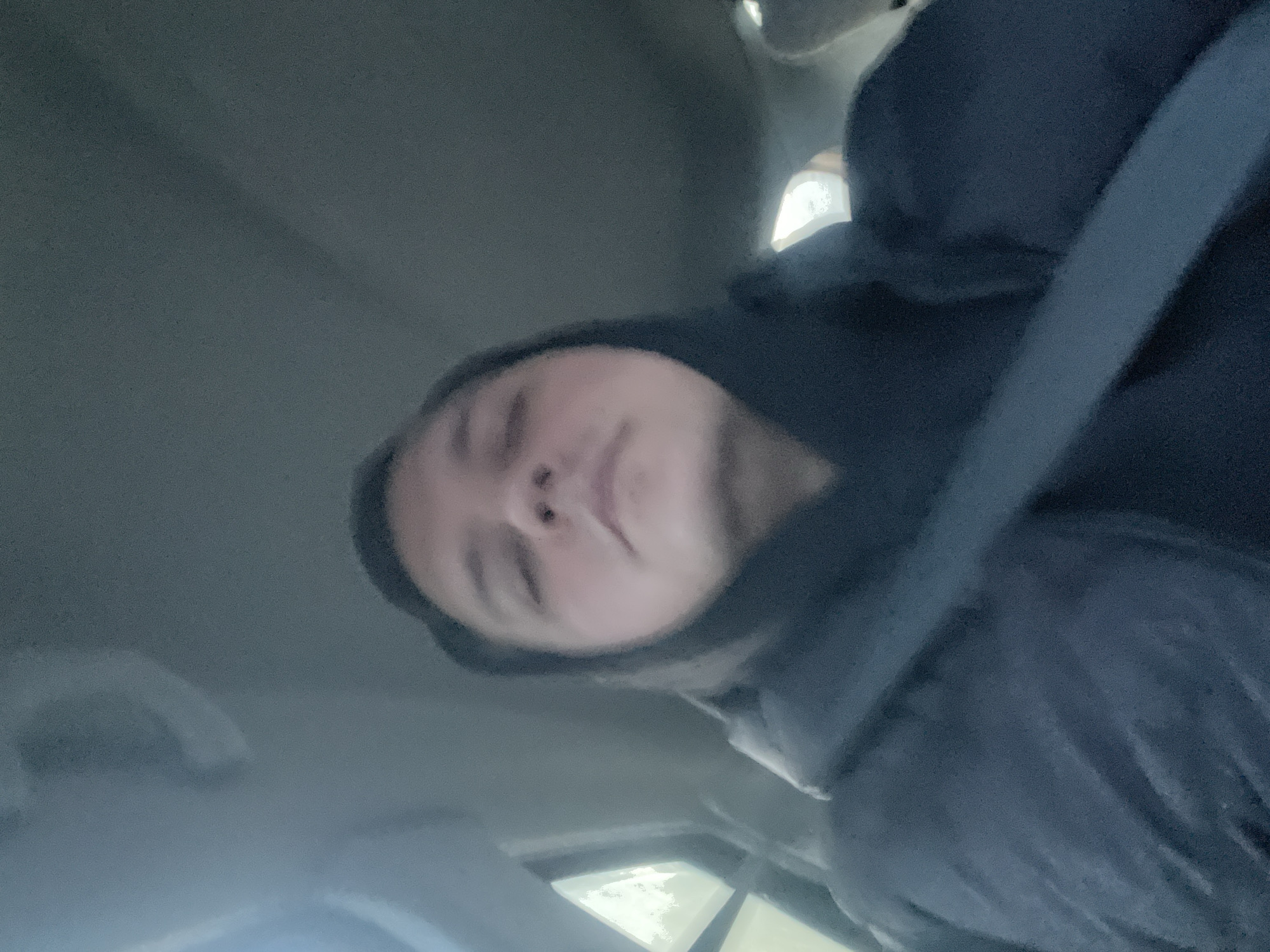 A person with fair skin is in a car, wearing a dark hooded sweatshirt and a seatbelt. The interior of the car is visible, with a gray roof and a glimpse of the outside seen through the windows. The location is not discernible as Maksimkovo, Russia based on the provided image.