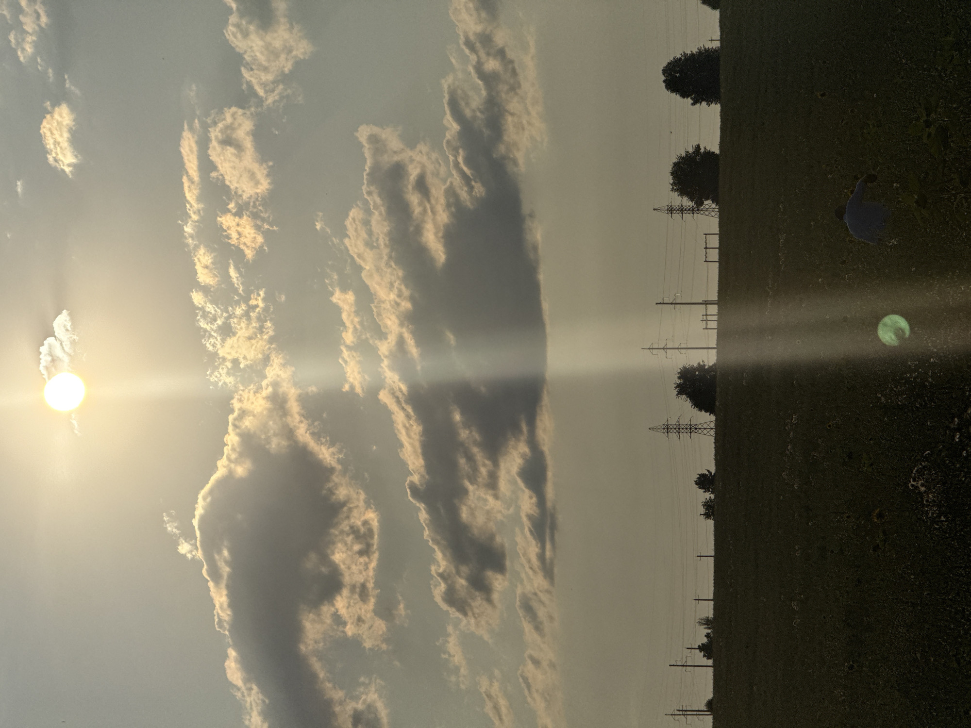 The photograph captures a wide-angle view of a sun-drenched sky over a rural landscape, possibly Aksaitovo, Russia. The sun, a brilliant orb with visible rays, shines through scattered clouds, casting a beam of light downwards. In the middle ground, a silhouette of power lines and transmission towers stretches across the horizon, interspersed with trees. The foreground is a dark, low-lying field, likely agricultural, with hints of vegetation and a single human figure in the lower right quadrant, bent over as if working. The overall atmosphere is one of late afternoon or early evening, with a warm, soft light dominating the scene.