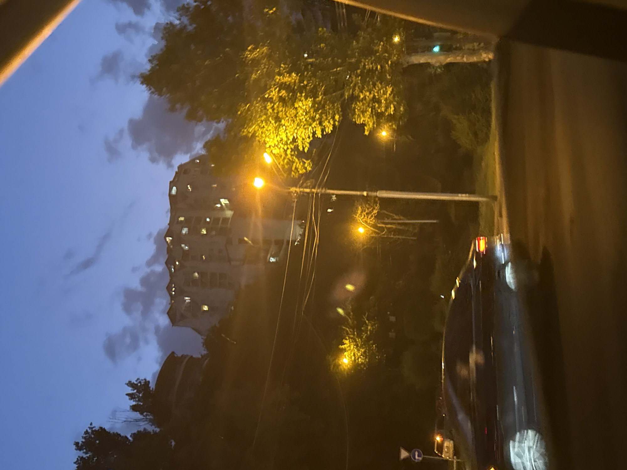 The image captures a street scene in Tbilisi, Georgia, at dusk or early night. A multi-story apartment building with illuminated windows is visible on a hillside in the background, partially obscured by trees. The sky is a deep blue with scattered clouds, illuminated by the twilight. Several streetlights cast a warm yellow glow on the surroundings, highlighting the foliage of trees and illuminating the road. A dark-colored car is blurred in motion on the road in the foreground, suggesting it is either driving or has just passed. There are also power lines visible crisscrossing the scene. A blue and white traffic sign with an arrow pointing to the right is present on the left side of the road. The overall impression is of a typical urban evening in Tbilisi, with artificial lights beginning to dominate the fading natural light.