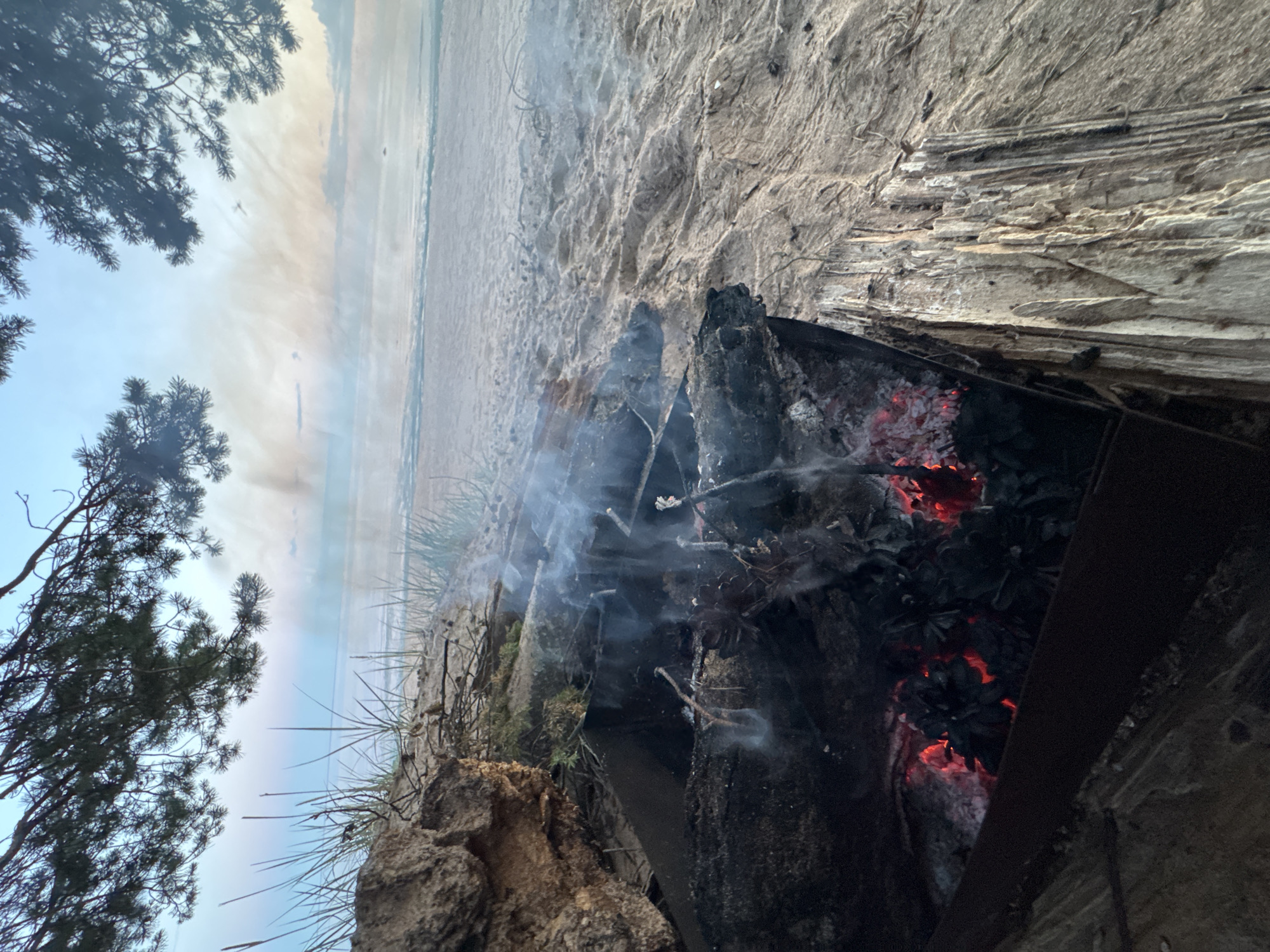 The image depicts an outdoor scene with a fire burning in a makeshift fire pit. The fire pit appears to be constructed from dark metal and is filled with glowing red embers and charred wood. Smoke billows from the fire, rising into the air.
The surroundings suggest a natural environment. To the left, a cluster of pine trees with dark green needles frames the scene, their branches extending into the sky. Behind the fire, the ground is covered in sand, indicating a beach or sandy area. In the distance, a body of water, likely the sea, is visible, with a light haze or mist hanging over it. The sky is a pale blue, suggesting either early morning or late afternoon.
The overall mood is one of outdoor activity, possibly camping or a beach gathering. The focus is on the fire, suggesting warmth and cooking or simply the ambiance of a campfire. There are no people visible in the frame, and no text is present. The texture of the sand and the weathered wood of the fire pit are notable details, adding to the rustic feel of the scene.