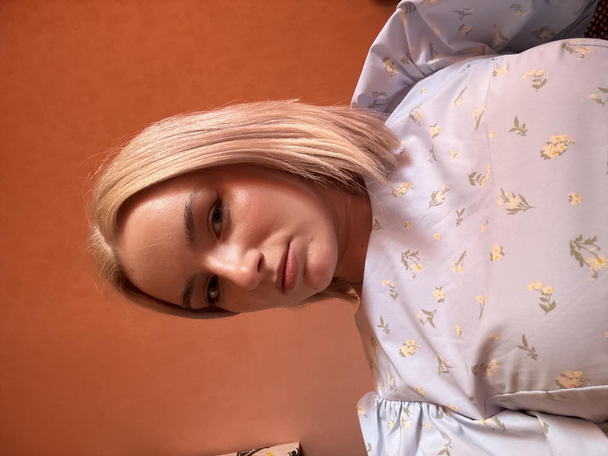 A young woman with straight, shoulder-length blonde hair is depicted in a close-up, slightly angled shot. She is looking directly at the camera with a neutral to contemplative expression. Her fair skin shows some visible freckles, and she has light-colored eyes, likely green or hazel, and well-defined natural eyebrows. Her lips are slightly parted.
She is wearing a light blue top or dress featuring a delicate, repetitive pattern of small yellow flowers with green stems and leaves. The fabric appears soft, and a ruffled detail is visible on what seems to be a sleeve or neckline on her right side.
The background is a solid, warm orange-brown wall, which provides a contrasting backdrop to her fair complexion and light attire. The setting appears to be indoors, under ambient lighting. A small, indistinctly patterned object, possibly a cushion or blanket, is partially visible in the bottom left corner.
The woman appears to be in a relaxed, semi-reclined pose. No specific location cues are visible within the image to suggest its context of Saint Petersburg, Russia. There is no visible text.