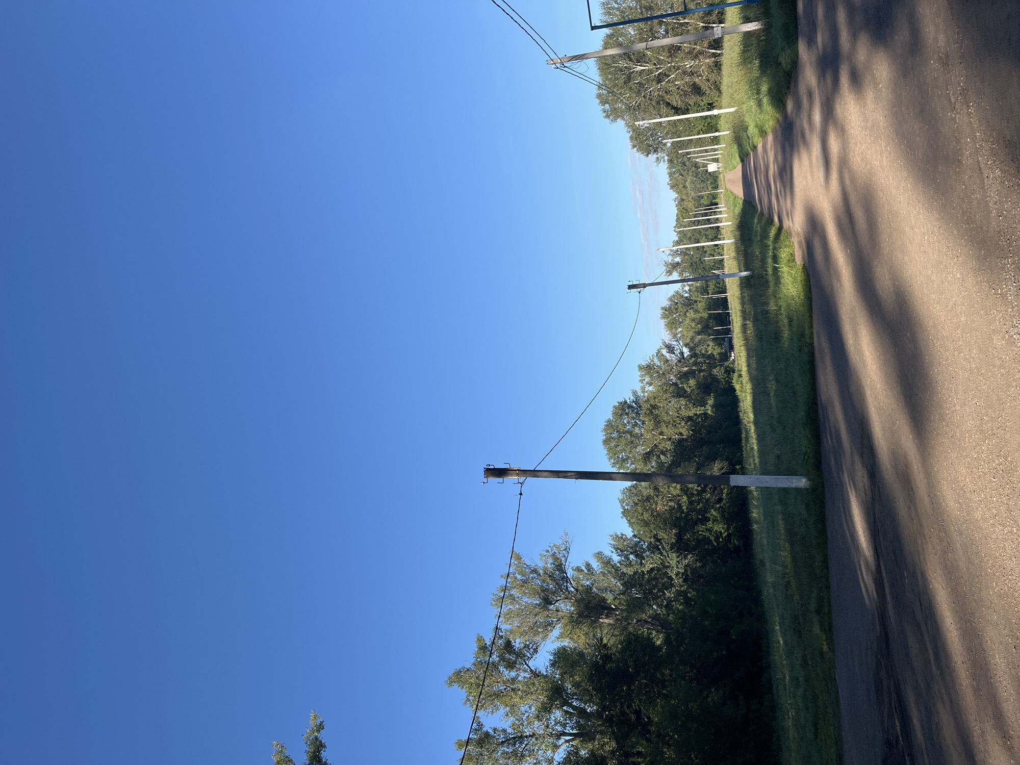 The image shows a dirt road in a rural or suburban area, likely in Blagoveshchensk, Russia, given the context. The road is flanked by grassy fields and a dense line of trees on the left, and a mixture of grass, trees, and utility poles on the right. The sky is clear and bright blue, indicating a sunny day. There are several utility poles visible along the road, suggesting the presence of infrastructure. The road itself appears to be an unpaved path, with tire tracks and shadows from the surrounding foliage. No people or vehicles are present in the scene. The overall impression is one of a quiet, natural setting with signs of human development.