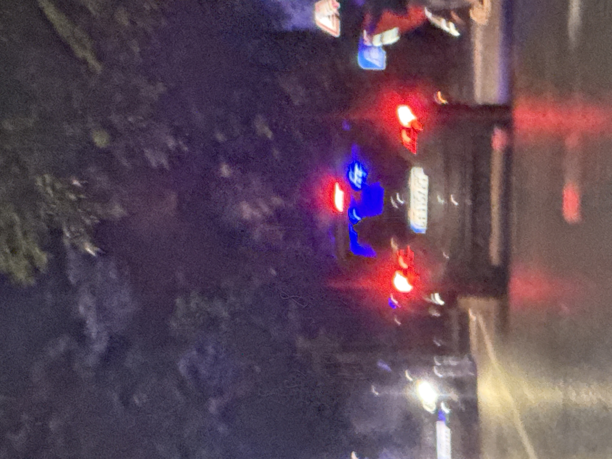 The image captures a blurry nighttime scene on a city street, likely in Stara Zagora, Bulgaria, given the provided context. A dark-colored vehicle, possibly a police car due to the flashing blue and red lights visible on its roof, is the central focus. The car's license plate is partially visible, displaying a sequence of letters and numbers. Red and blue lights from the vehicle are reflecting on the wet asphalt road, indicating recent rain or a damp surface. Trees line the background, partially obscured by the darkness and the lighting effects. Other vehicles and streetlights are visible in the distance, further suggesting an urban environment at night. The overall impression is one of a traffic incident or police activity occurring on a city road after dark.