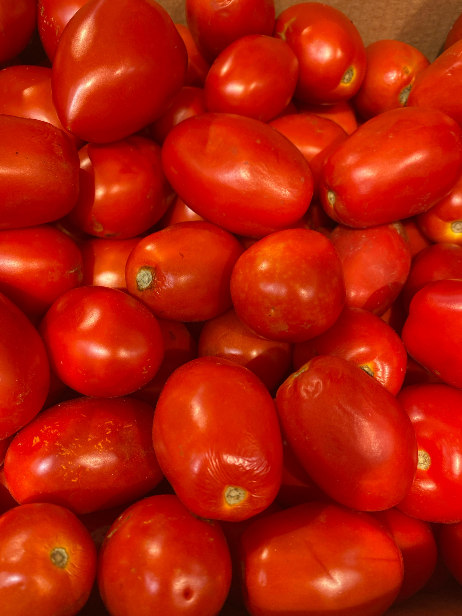 A close-up, overhead shot shows a large pile of ripe, red Roma tomatoes. The tomatoes are various sizes and shapes, some plump and round, others more elongated. The surface of the tomatoes is smooth and glossy, with some showing subtle variations in color, ranging from deep red to brighter scarlet. The lighting highlights the curves and contours of the tomatoes, creating a textured and appetizing appearance. Some tomatoes have the green stem end still attached. The background is out of focus, but appears to be a rustic brown surface, possibly a wooden crate or bin. There are no people visible in the image. This image does not depict any location in the city of Ivanteyevka, Russia.