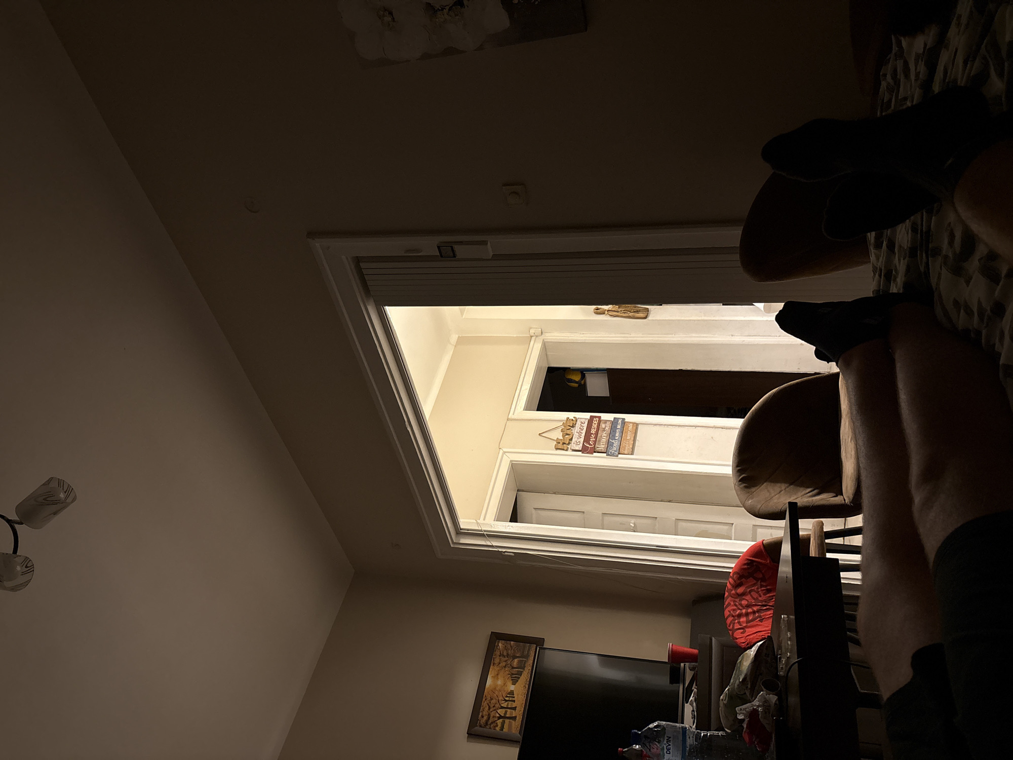 The image depicts an indoor residential scene, likely a living room or bedroom, in Sofia, Bulgaria, identifiable by a "DEVIN" branded water bottle. Two individuals are present, visible only by their lower legs and feet, resting on a patterned surface, possibly a bed or sofa. Both wear dark socks. The room is dimly lit, with a ceiling fixture visible at the top, and additional light spilling from an adjacent, brighter room through an open doorway in the center.
In the mid-ground, a dark table holds the "DEVIN" water bottle, a red plastic cup, and a crumpled item. A brown upholstered chair is to the right of the table. Behind the table, another chair is partially obscured, draped with a red garment.
The left wall features a flat-screen television, above which hangs a framed landscape picture depicting a tree-lined path with autumn foliage. The right wall displays a large, textured, light-colored abstract art piece. Near the doorway on the right, a white wall-mounted control panel or switch with a circular knob is visible.
Through the central doorway, elements of the brighter adjacent room are visible, including a light-colored door and white walls. Hanging vertically on a wall within this room are several decorative signs; one clearly states "Home is where Love resides," with additional motivational phrases below. The overall atmosphere suggests a relaxed, evening setting.