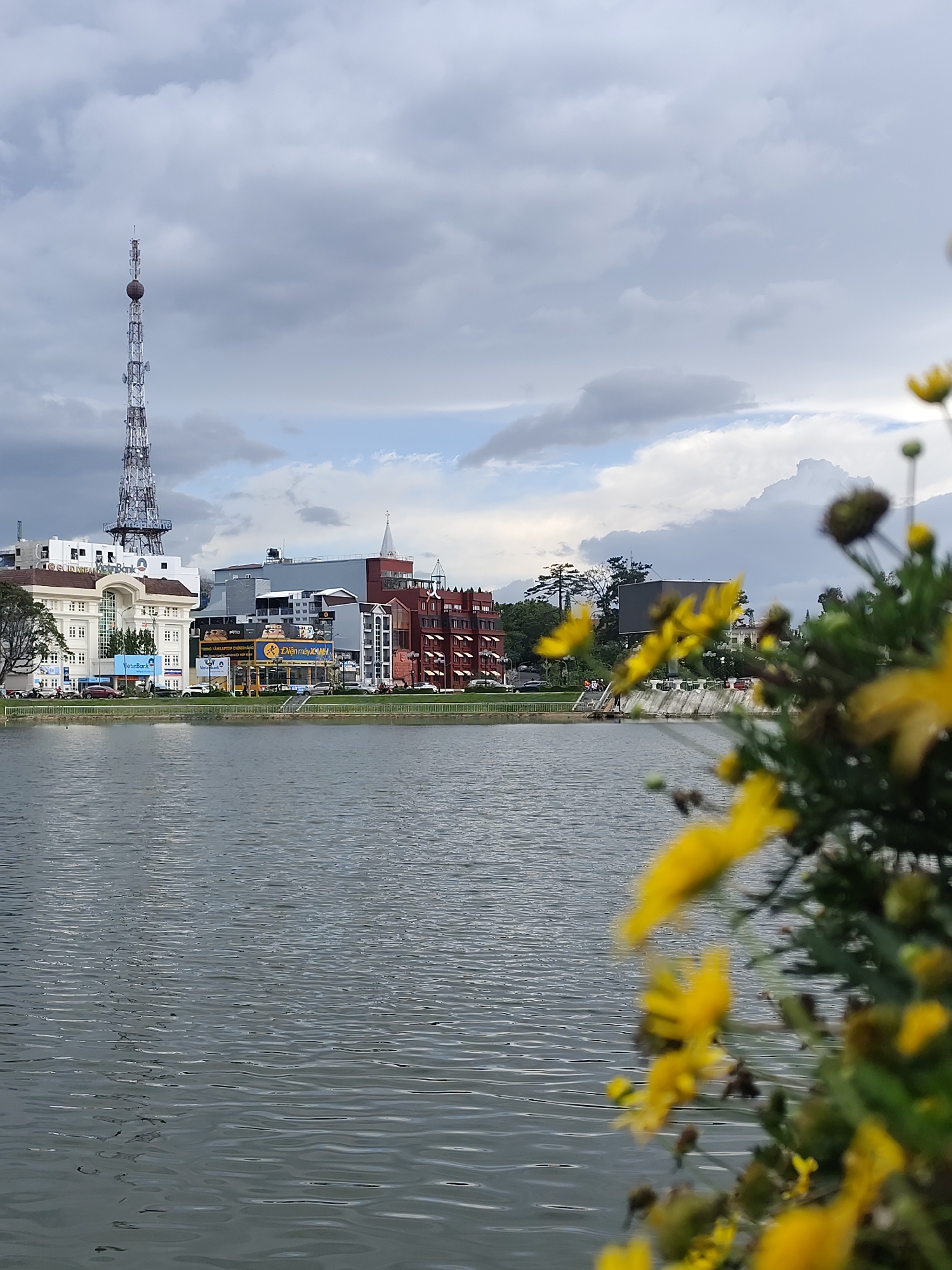 The image captures a waterfront view of Da Lat, Vietnam, with a focus on a wide body of water in the foreground. In the mid-ground, a city skyline features a prominent tall communication tower with a spherical structure near its top. Several buildings with various architectural styles line the waterfront, including a white building with many windows and a darker, red-brick building with awnings. The buildings are situated along a street with cars and some pedestrians visible. A metal railing separates the street from the water. In the background, trees and more buildings are visible, and the sky is filled with dramatic, cloudy formations. The foreground is partially obscured by out-of-focus yellow flowers and green foliage, suggesting a close-up perspective of the natural elements framing the urban landscape. The water's surface is rippled, reflecting the overcast sky.