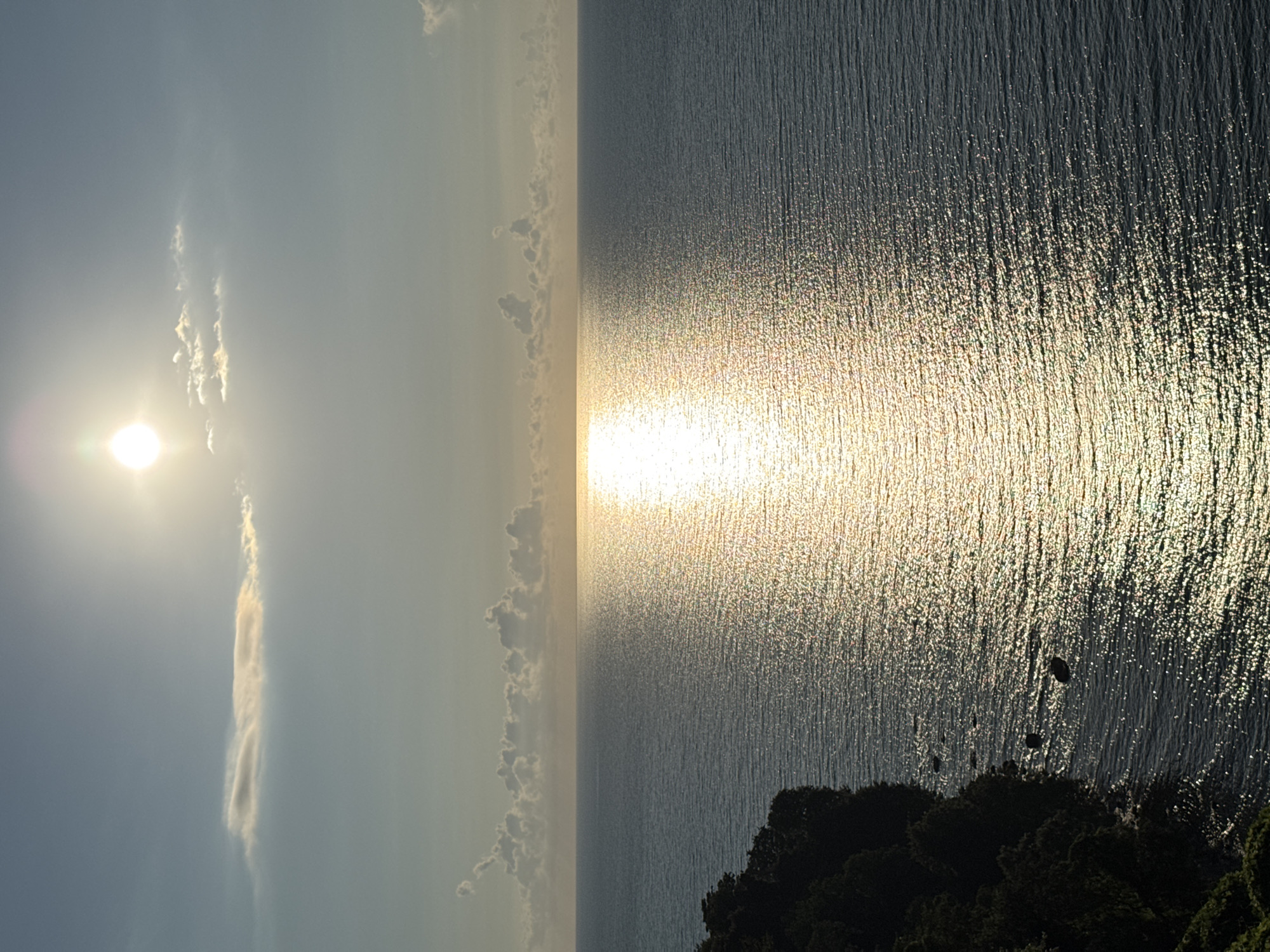 A vertical, slightly high-angle shot captures a serene seascape with a sunlit ocean and a distant horizon. The sun, positioned in the upper center of the frame, casts a shimmering golden path across the water. A lush, dark green cliffside with dense foliage dominates the lower left portion of the image, contrasting with the vast expanse of the ocean. The sky above is a soft blue, with scattered, elongated clouds catching the sunlight. The scene appears to be a coastal area, likely in Batumi, Georgia, known for its Black Sea coastline and natural beauty.