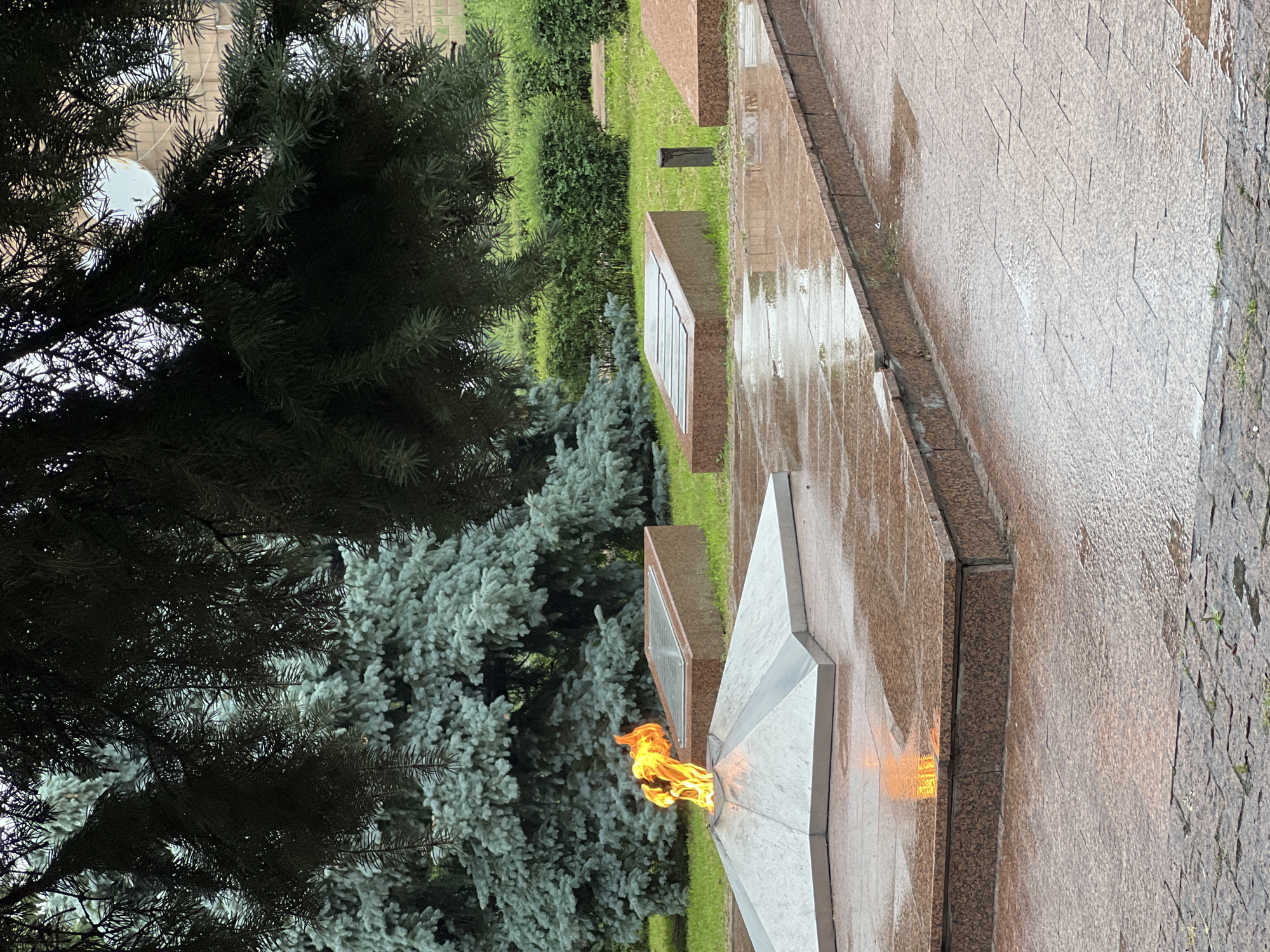 This image depicts an outdoor scene focused on a monument with an eternal flame. The primary object is a multi-pointed star, likely made of marble or a similar light-colored stone, with a vibrant orange flame burning at its center. The star rests on a granite base, which is part of a larger tiled pathway that appears wet, suggesting recent rain.
To the left of the monument, dense evergreen trees, possibly fir or pine, create a lush green backdrop. The foliage is thick and varied in texture, with some branches reaching into the foreground, partially obscuring the view. Beyond the trees, a building with an arched window is visible, hinting at an urban or park-like setting.
Several other granite slabs or memorials are arranged in a row behind the main monument, set into a manicured lawn. One of these slabs has a metallic plaque or inscription, though the text is not legible. The overall scene suggests a somber and reflective atmosphere, characteristic of a memorial site. The wet pavement and the overcast sky imply a damp or rainy day.
The location is identified as Horishni Plavni, Ukraine. The presence of an eternal flame and memorial structures points to a place of remembrance, possibly dedicated to historical events or figures. The time of day appears to be daytime, though the cloudy weather might obscure direct sunlight. No people are visible in the image.