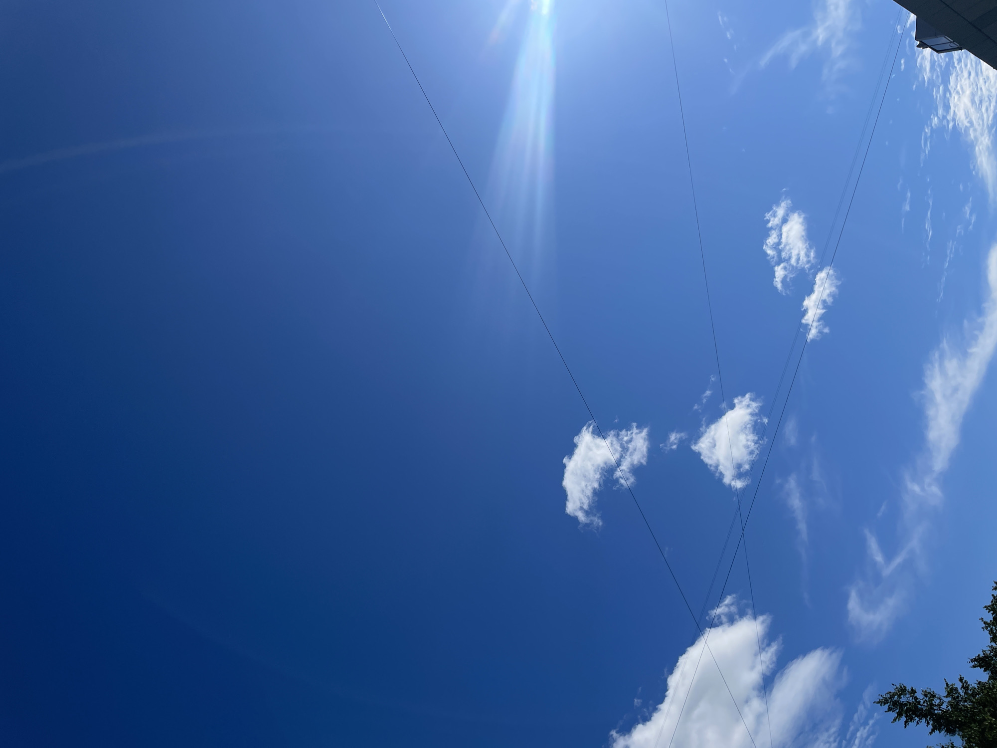 The image captures a bright, clear blue sky with scattered white clouds. Thin, dark wires crisscross the sky, suggesting power lines or communication cables. Sunlight beams down from the upper right quadrant, creating a lens flare effect and illuminating the clouds. In the lower left corner, the dark green foliage of trees is visible, and in the lower right corner, the dark roof of a building can be seen. The scene is devoid of any human presence or activity. This image was taken in the city of Vaganovo, Russia.