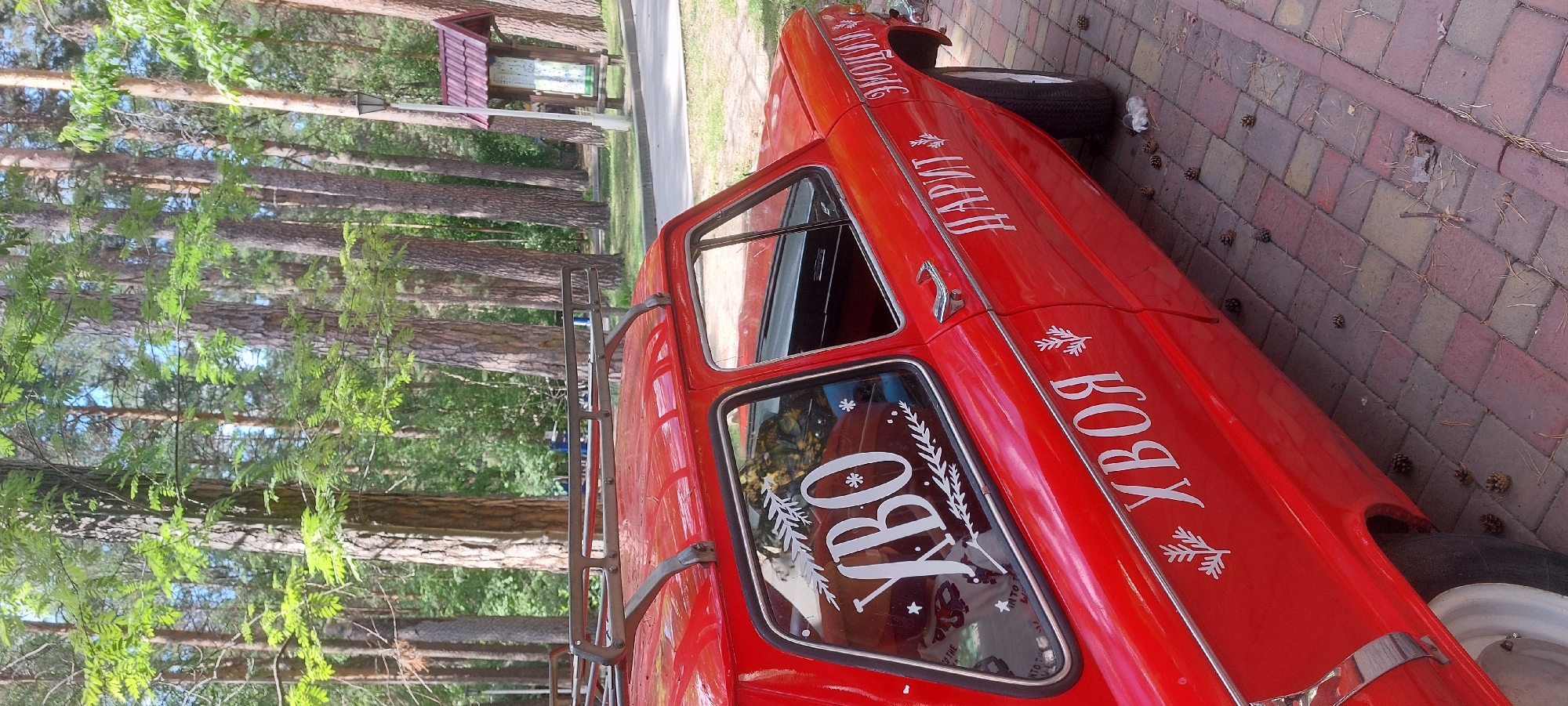 The image shows a red car parked on a brick-paved pathway in a park-like setting with tall pine trees in the background. The car has white lettering on its side and rear window. On the side of the car, the words "ДАРИТ" and "ЭМОЦИИ" are visible. On the rear window, the word "УВО" is written. The car also has a roof rack. There are pine cones scattered on the ground around the car. The setting appears to be a public space, possibly a park or a recreational area within the city of Berdsk municipality, Russia, given the vegetation. There are no people visible in the image.