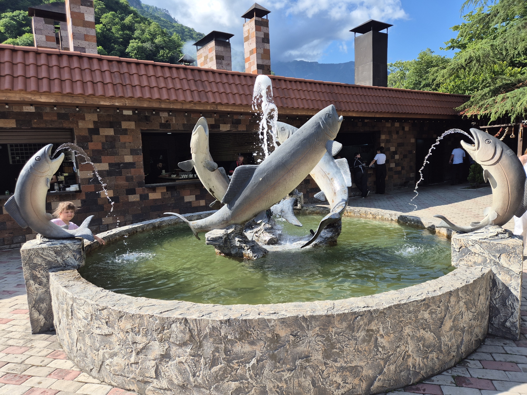A wide outdoor shot captures a stone fountain with sculpted fish. The fountain's basin is circular and made of rough-hewn stone. The water within is a murky green, with several jets of water spraying upwards from the mouths of the fish sculptures and from a central point. The fish sculptures are realistic in form and are arranged in a dynamic cluster, appearing to leap and swim.
A young girl in a pink shirt is visible to the left, leaning over the edge of the fountain and touching the water. She appears to be engaged with the fountain. In the background, a building with a red-tiled roof and stone walls is visible. Several large, dark chimneys rise from the roof, with smoke emanating from one. The building appears to be a restaurant or eatery, with open windows revealing people working inside.
The scene is set outdoors on a sunny day, with a bright blue sky and scattered clouds. Lush green trees and a steep, forested mountainside are visible behind the building, indicating a natural, possibly mountainous, setting. The ground around the fountain is paved with interlocking bricks in a reddish-brown and gray pattern. The overall impression is of a scenic outdoor dining or recreational area, possibly in a rural or mountainous region. The time of day appears to be late morning or early afternoon, judging by the bright sunlight and shadows.