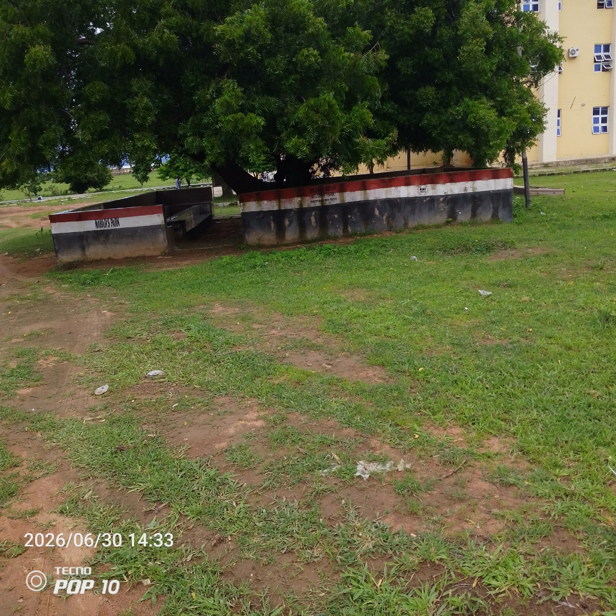 The image shows an outdoor scene with a large tree in the foreground, its branches casting shade over a concrete structure. The structure is painted with horizontal stripes of red, white, and black, and appears to be a bench or seating area. Visible text on the structure reads "NABAM'S PARK" and "DJA'AFI KEFAS STUDENT PARK". In the background, a yellow building with multiple windows and air conditioning units is visible, suggesting an institutional setting. The ground is covered in grass and patches of dirt. The lighting suggests it is daytime, possibly overcast. The date "2026/06/30 14:33" and the text "TECNO POP 10" are overlaid in the bottom left corner of the image, indicating the time and device used for capture. There are no people clearly visible in the scene.
