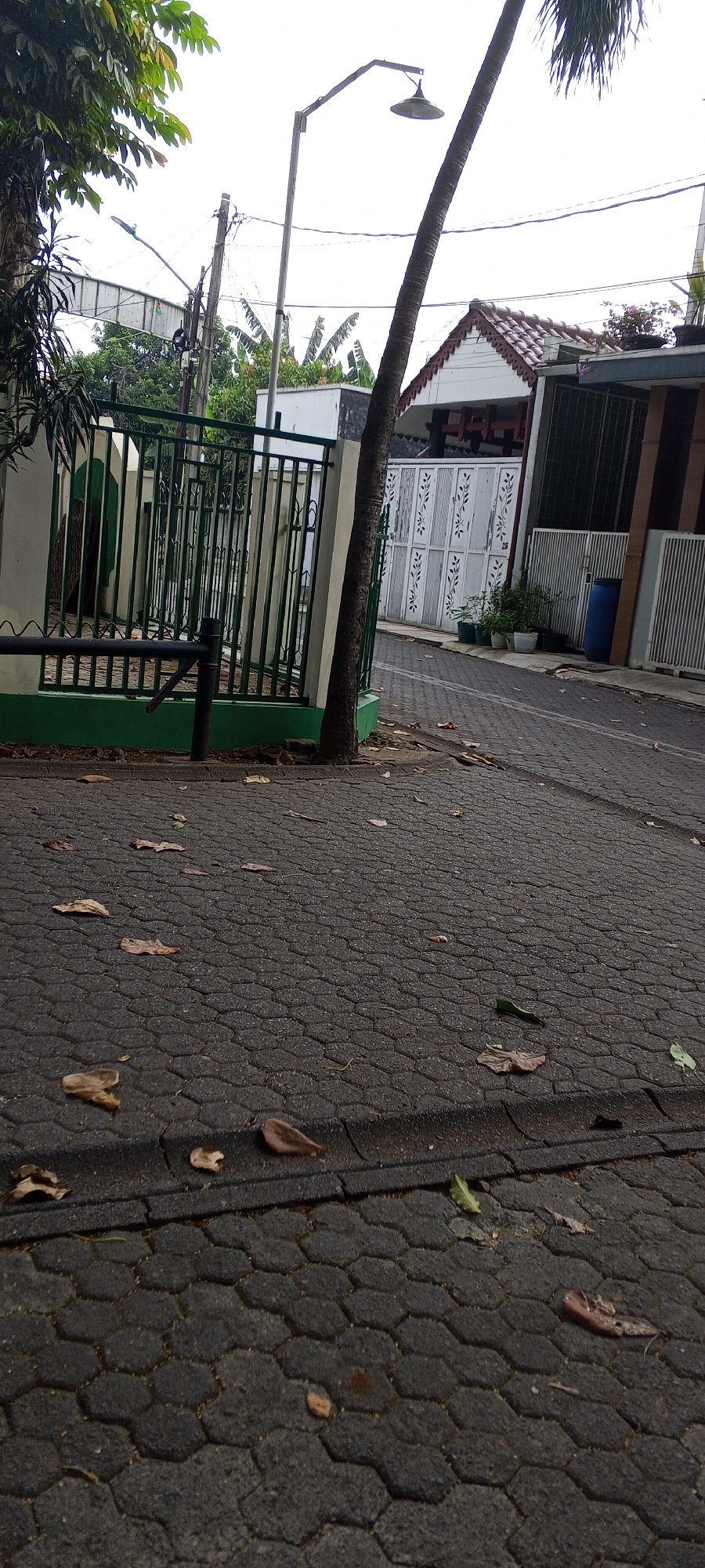 The image shows a street scene in South Jakarta, Indonesia. The foreground is dominated by a dark grey, hexagonal paver sidewalk with scattered fallen brown leaves. A black curb separates the sidewalk from the street. The street itself is paved and appears to be empty of vehicles.
On the left side of the image, a green metal fence with white pillars runs along the sidewalk. Behind the fence, a white wall with green trim is visible. A large tree trunk, likely a palm tree, is positioned in the mid-ground, leaning slightly towards the right.
In the background, there are houses with white walls and pitched roofs. One house has a white gate with decorative floral patterns. A blue barrel is visible near one of the houses. A street lamp with a conical shade is mounted on a pole, also visible in the background, extending over the scene. Trees and foliage are present throughout the background, suggesting a residential area with greenery. The sky is overcast.