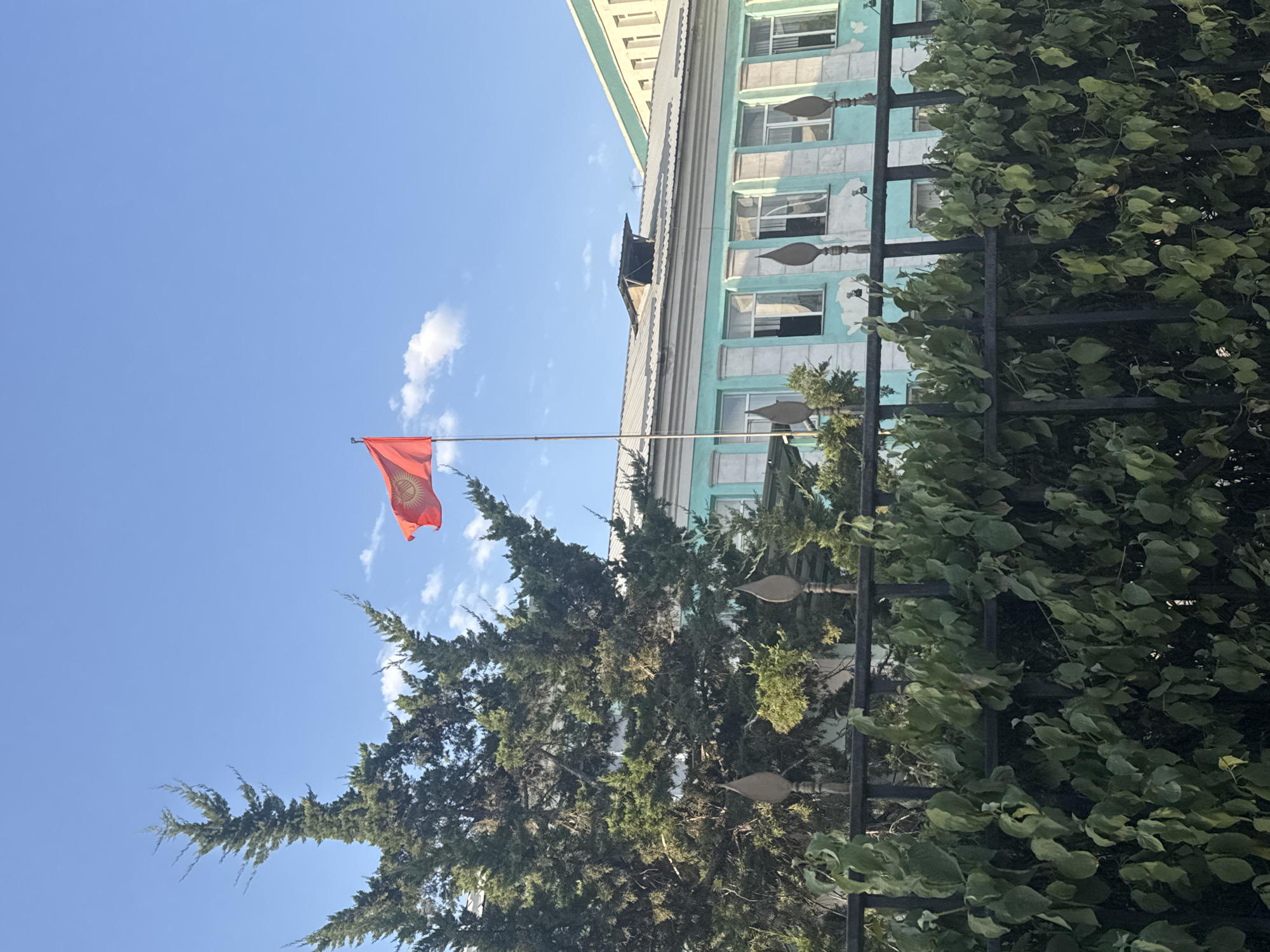 A red flag with a yellow emblem of a sun with 40 rays is flying on a flagpole. The flag is in front of a light blue building with white window frames. A large green tree is to the left of the flagpole, and a black metal fence with decorative elements is in the foreground, covered in green leaves. The sky is blue with a few white clouds.