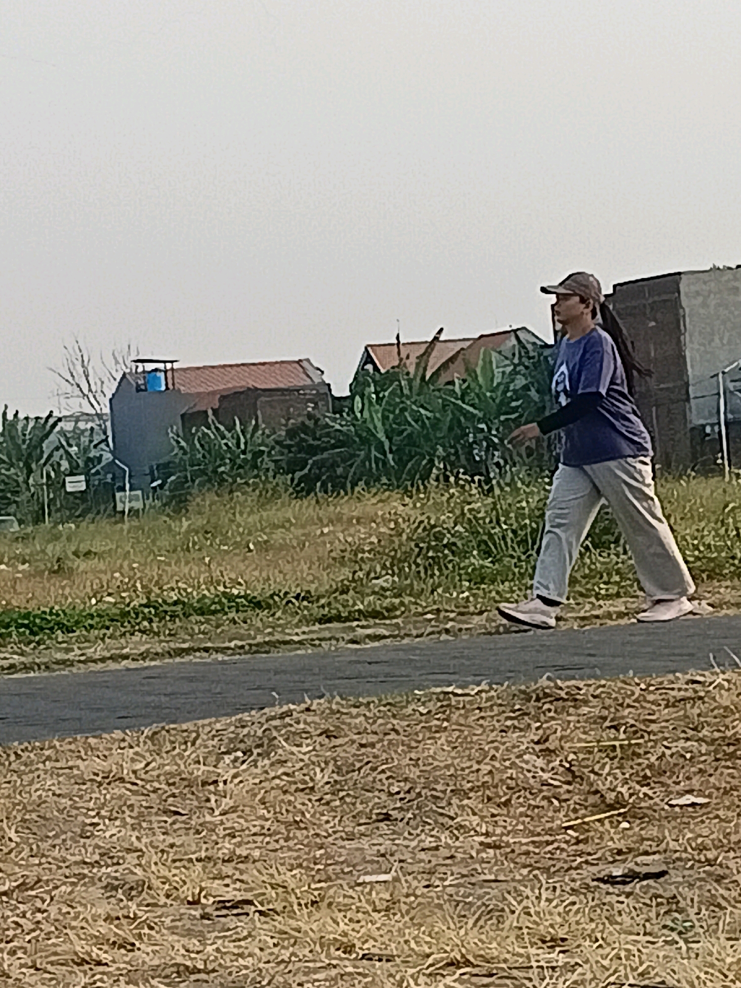 A person, likely a woman with long dark hair, wearing a baseball cap, a blue t-shirt, black long-sleeved undershirt, and light-colored pants is walking on a paved path. The path is bordered by dry, light brown grass on the foreground and green foliage with some houses in the background. The houses appear to be two-story structures with reddish-brown tiled roofs. One house has a visible blue water tank on its roof. The sky is overcast and light-colored. The scene is outdoors, possibly in a residential area in Tawangsari, Indonesia.
