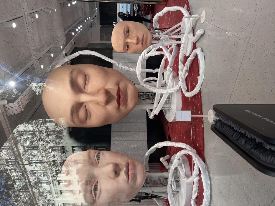 The image provides a view into a Gentle Monster retail store located at 21 Rue Saint-Honoré in Paris, France, captured through a glass storefront.
In the midground, three oversized, bald human-like heads are displayed on a red carpet. From left to right: a head with partially open eyes, mounted on a white cylindrical stand; a larger central head with closed eyes, mounted on a complex white mechanical-style structure; and a smaller head with partially open eyes, mounted on a white tripod-like stand. White coiled material is arranged around the bases and structures supporting each head. A small white informational sign with black text stands on the red carpet in front of the central head.
The immediate foreground features a light grey terrazzo floor. A black object with the text "GENTLE MONSTER" is partially visible at the bottom.
The store's interior in the background reveals light grey textured walls, an industrial-style ceiling with exposed white ducts, multiple track lighting fixtures, and surveillance cameras. A single individual, dressed in dark clothing, is visible further back in the store, near additional display fixtures.
Reflected on the glass surface are elements of the exterior environment: the light-colored stone facade of a classic Parisian building with windows and balconies, and the bare branches of trees, indicating an urban street scene during daylight.