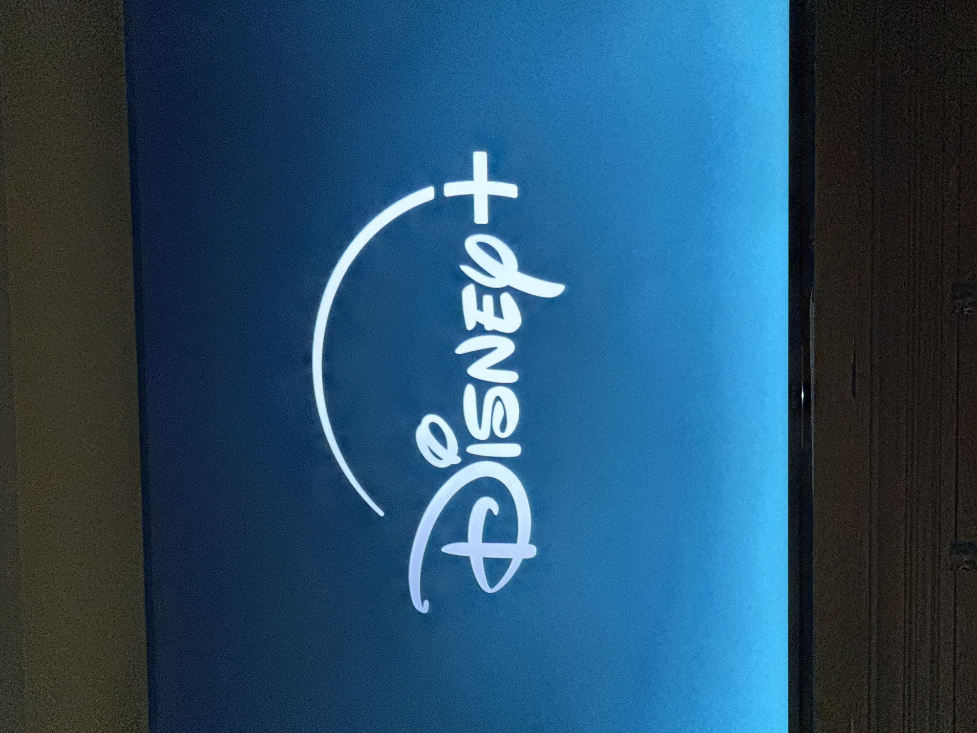 The image shows a television screen displaying the Disney+ logo. The logo is white against a blue gradient background. The television is situated near a wall. The location, Troyan, Bulgaria, is not discernible from the image itself.