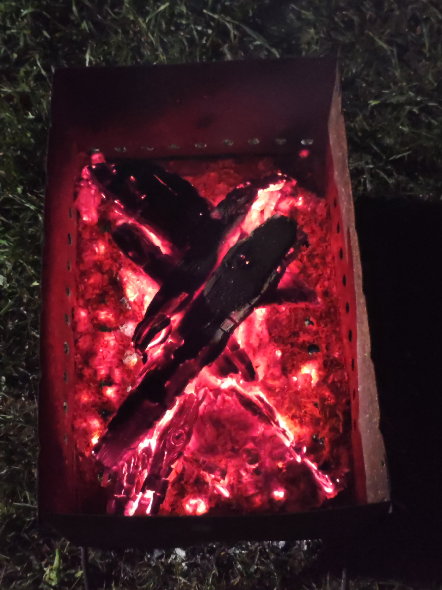 A fire pit on grass contains burning wood. Two logs are situated in the middle of the frame atop glowing embers. The location appears to be outdoors at night.