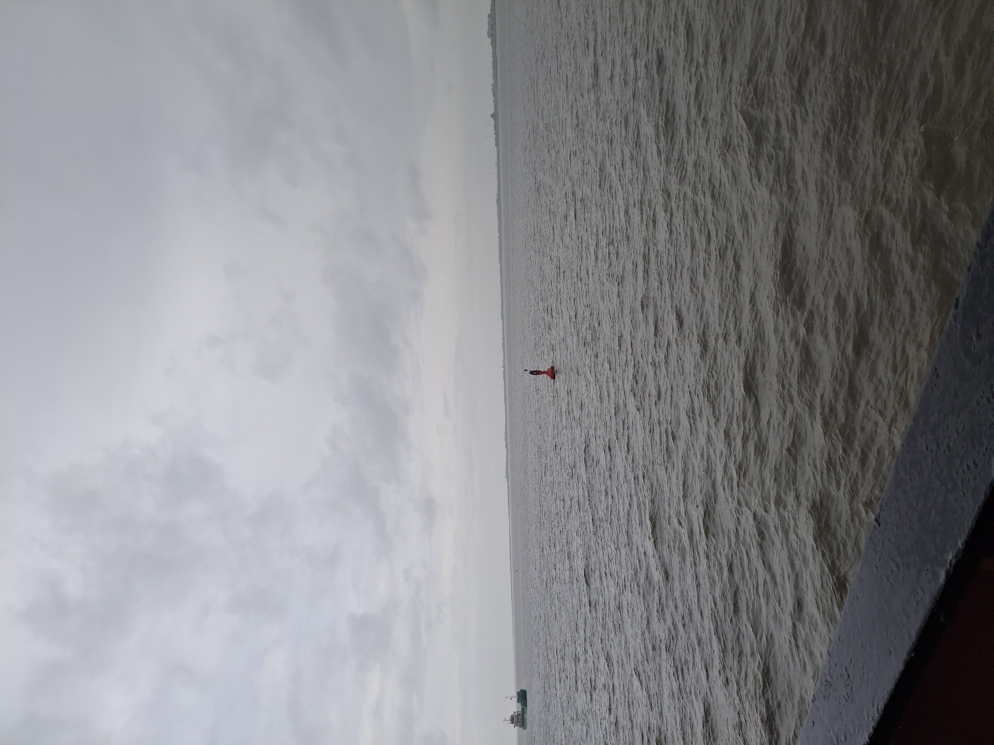 The image shows a body of water, possibly the Elbe River, with a red buoy in the middle distance. The sky is overcast and gray. In the far distance, the land appears hazy. A ship is visible in the lower left corner of the image. The picture was likely taken from a vessel or platform. It is plausible that this is the river Elbe in Brunsbüttel.