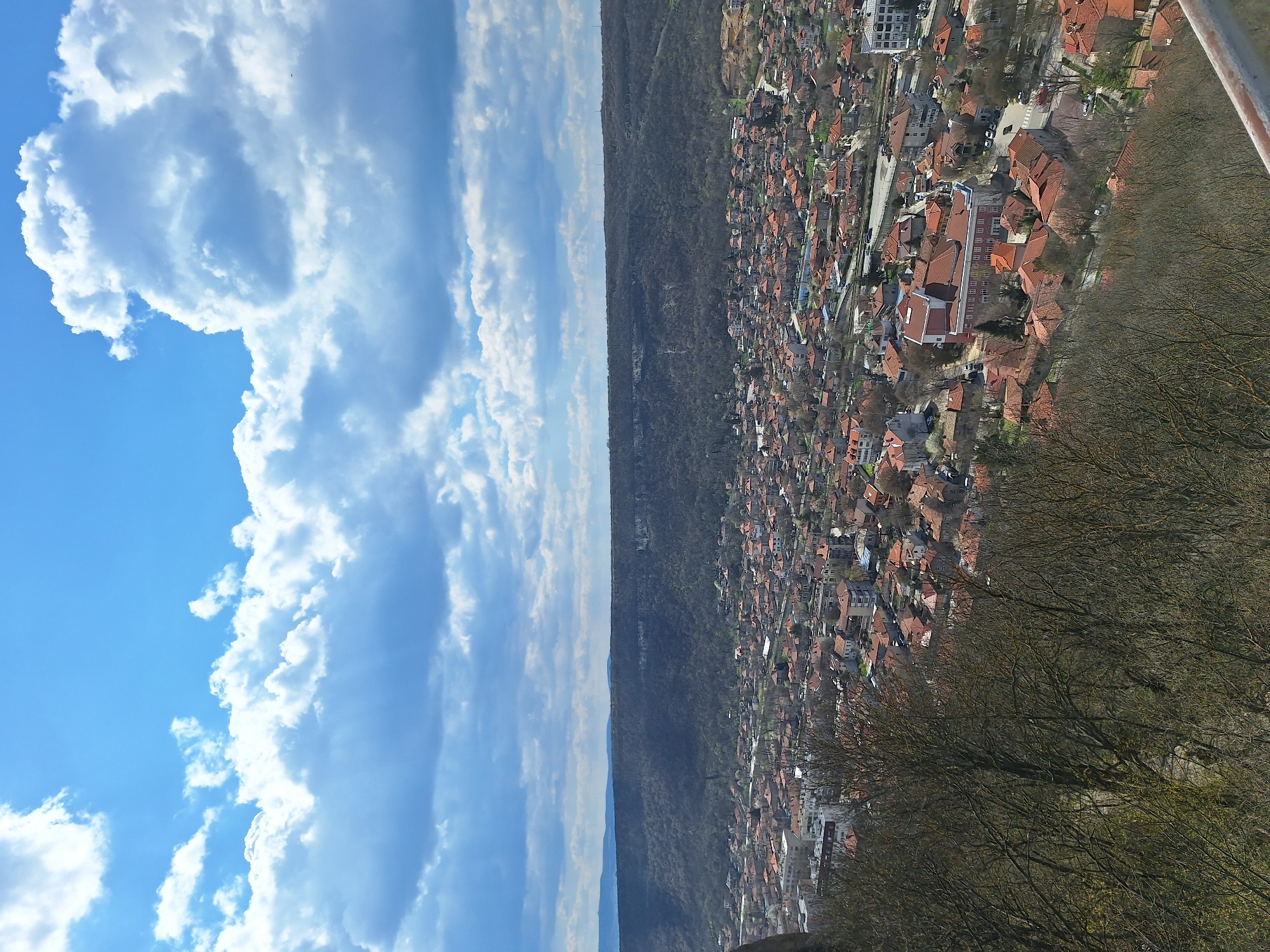 The image shows an aerial view of Provadia, Bulgaria, likely taken from a high vantage point like the Ovech Fortress. The left side of the image features a bright blue sky with scattered cumulus clouds. A dense, dark forest occupies the center of the frame. To the right of the forest, the city of Provadia spreads out, characterized by closely packed buildings with mostly red-tiled roofs. Some modern, taller buildings are visible, interspersed among the older structures. Bare trees are visible in the foreground, slightly obscuring the view of the city below. The photograph presents a panoramic vista of the landscape, highlighting the juxtaposition of natural and urban environments.