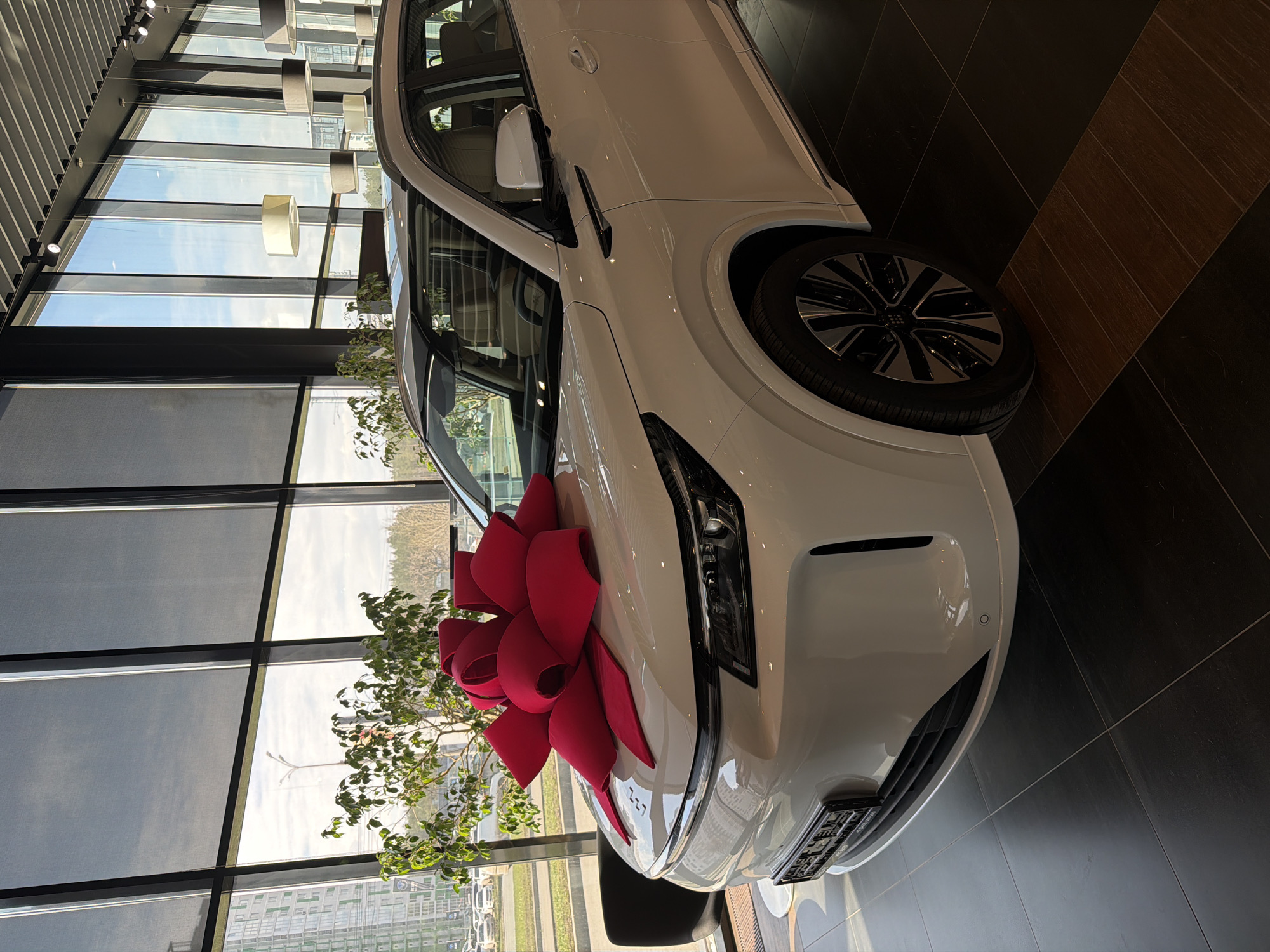 The image shows a white car with a large red bow on the hood. The car is parked indoors on a dark tile floor. The car appears to be inside a showroom with a large window in the background that looks out onto a city, which is speculated to be Izhevsk, Russia. The window is multi-paned and provides a view of greenery and buildings outside.