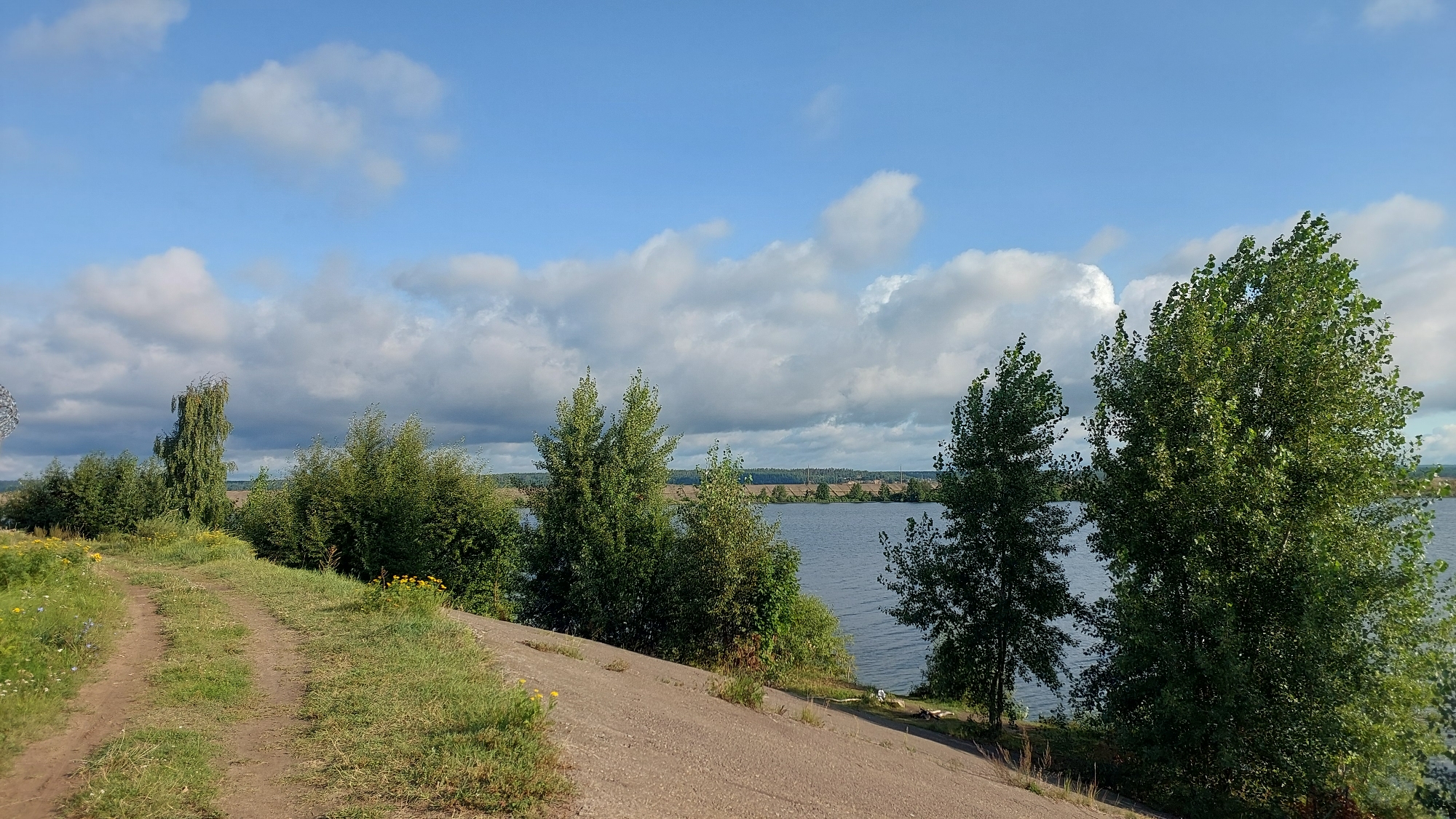 The image depicts a natural landscape scene, likely on the outskirts of Novocheboksarsk, Russia, featuring a dirt path winding through grassy terrain on the left, leading towards a body of water on the right. The path appears to be slightly elevated, with lush green vegetation and scattered yellow wildflowers lining its edges. A stand of trees, varying in height and density, occupies the middle ground, some appearing to be birch trees and others more leafy deciduous trees. The water body, which is a lake or reservoir, stretches across the right side of the frame, reflecting the blue sky and scattered white cumulus clouds. The far shore of the water is lined with trees and appears to have some structures or buildings visible in the distance, possibly indicating a settlement or industrial area. The overall impression is one of a tranquil, rural setting on a clear, sunny day. There are no people visible in the image.