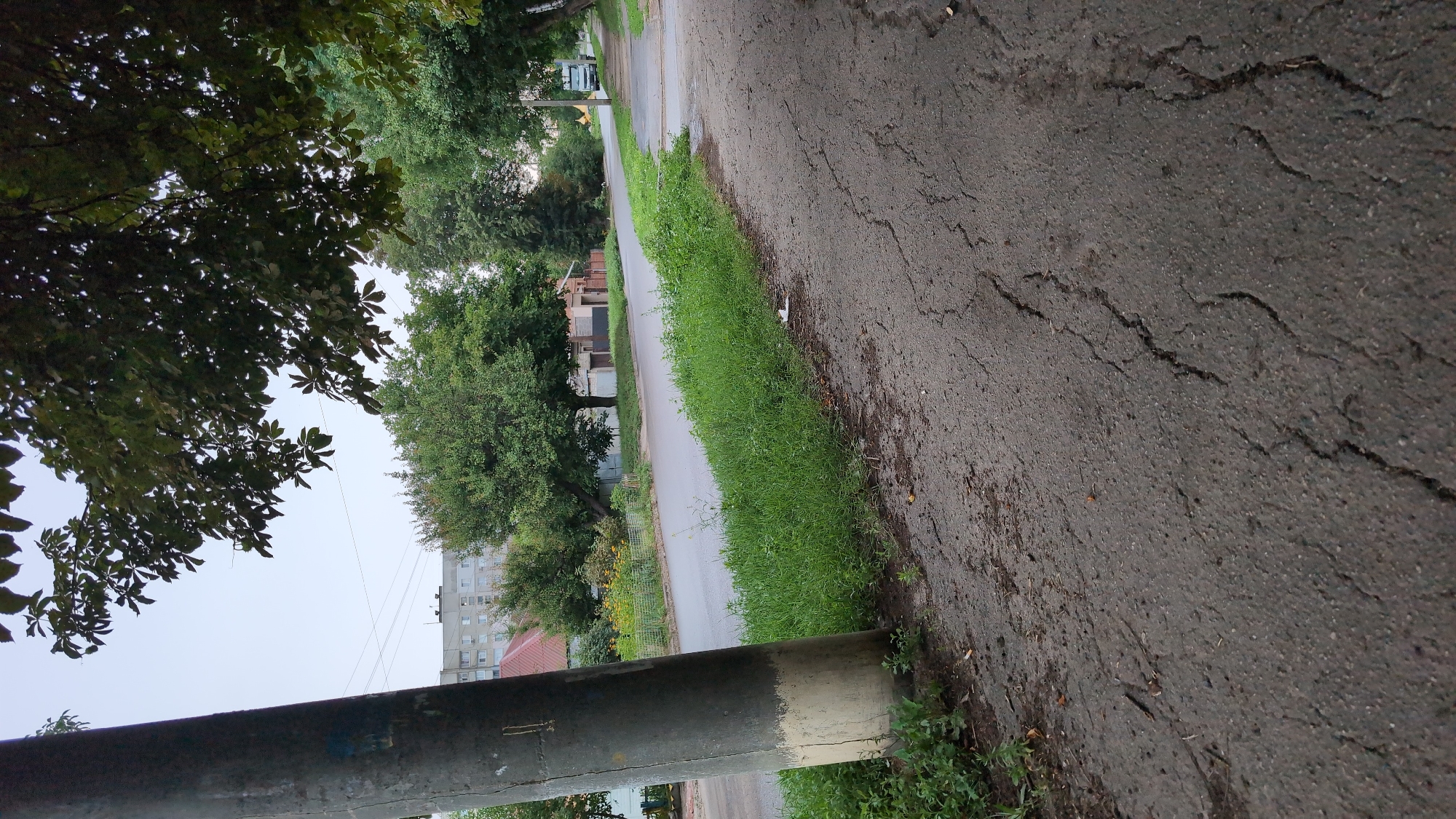The image depicts a street scene with a power pole in the foreground on the left. The street is paved with asphalt and shows some cracking. To the right of the street is a sidewalk, also paved with asphalt and displaying extensive cracking. A strip of grass runs along the edge of the street. Across the street, there are houses with red roofs, a multi-story building in the background, and various trees. On the right side of the street, further down, a white truck is visible. The sky is overcast. The scene is consistent with an urban or suburban environment. Based on the provided context, this location is in the city of Kharkiv, Ukraine.