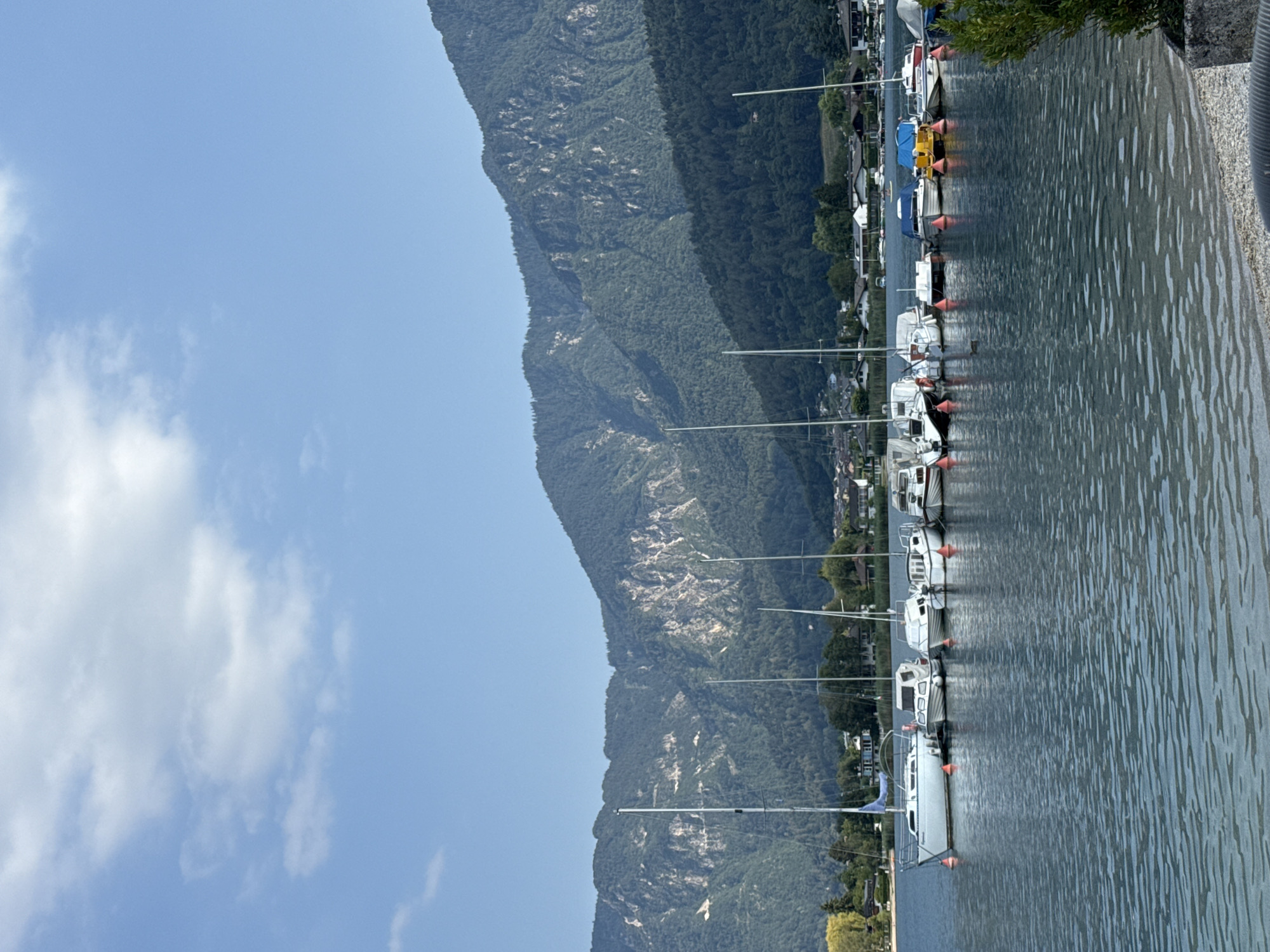 A serene, vertical shot captures a clear blue sky with scattered white clouds above a tranquil lake. The lake is dotted with numerous moored sailboats and small motorboats, their masts standing tall against the backdrop of lush green mountains. The shoreline is lined with houses and trees, creating a picturesque scene. In the foreground, the clear lake water reflects the sky and the boats, with a small gravelly beach visible at the bottom right. The scene is likely from Calceranica al Lago, Italy, given the presence of a lake and mountainous terrain. There are no visible people in the image.