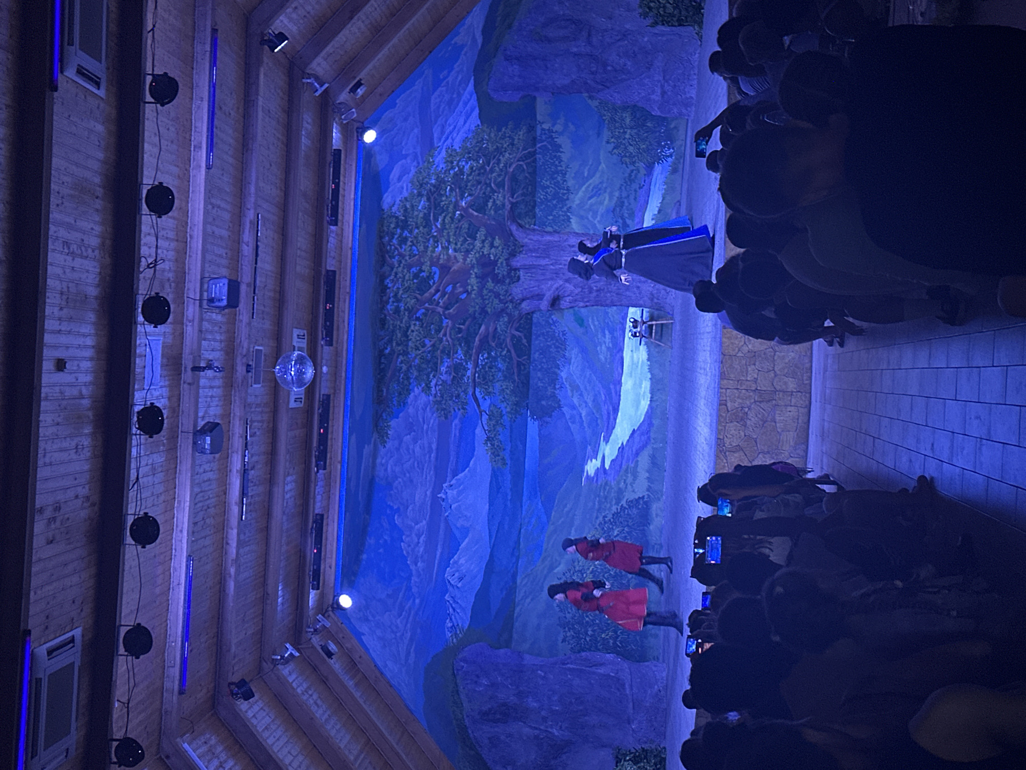 The image depicts a performance taking place on a stage within a venue that appears to be located in Bolshoy Kichmai, Russia. The stage features a painted backdrop of a mountainous landscape with a river and a large tree. Two performers in red traditional clothing are positioned on the left side of the stage, facing left. On the right side of the stage, two other performers are dressed in dark attire, one in a long blue and black gown, and the other in a predominantly black garment with a blue trim.
In front of the stage, a stone-like wall separates it from the audience area. The audience is seated in rows, and many individuals are holding up smartphones, seemingly recording or photographing the performance. The overall lighting in the venue is predominantly blue, with spotlights illuminating the stage. The ceiling of the venue is constructed from wooden beams. The atmosphere suggests an indoor event, possibly a cultural performance or a theatrical show, given the traditional costumes and the stage setup.