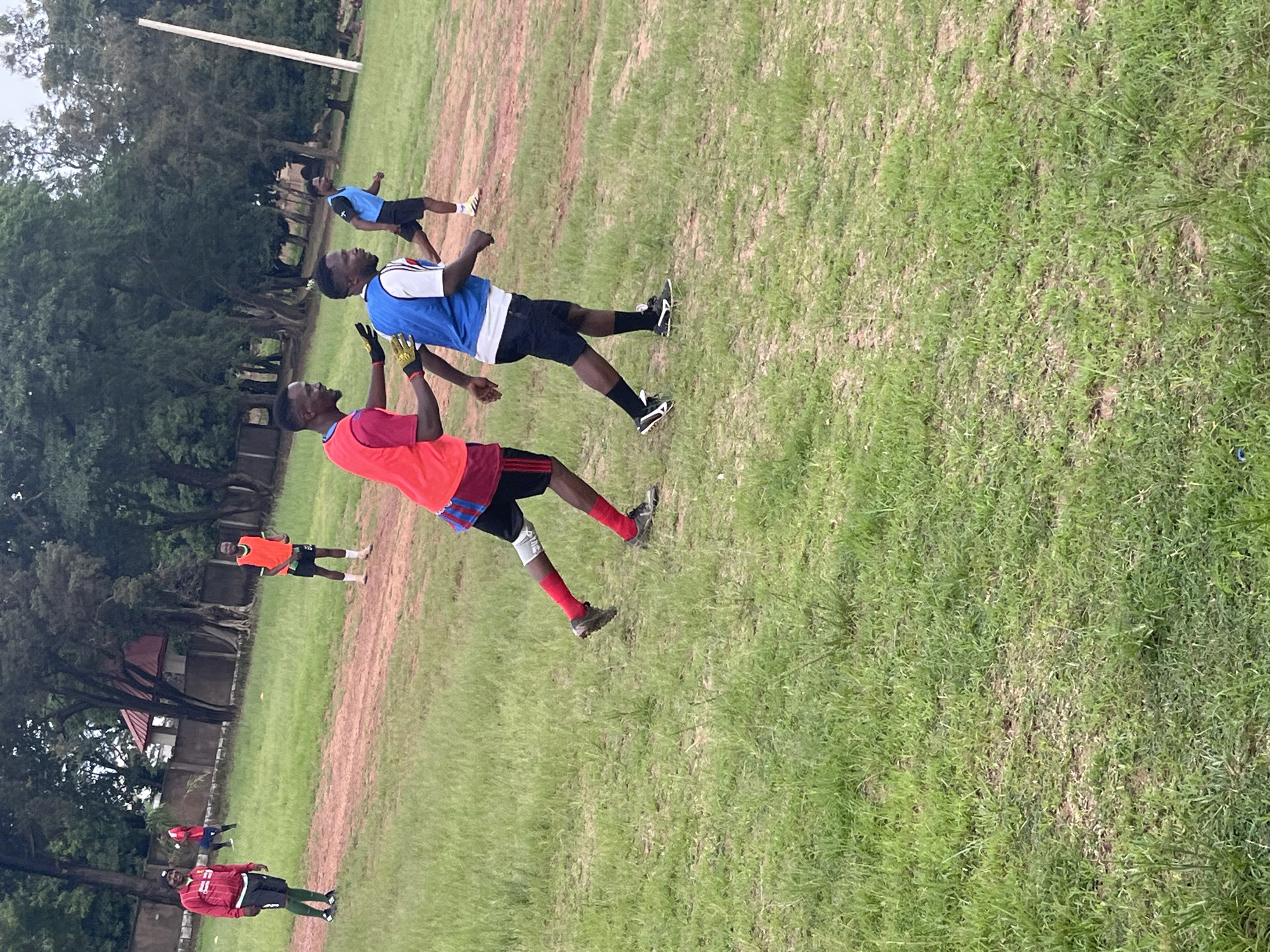 The image captures a group of young men engaged in a soccer training session on a grassy field. The subjects are dressed in athletic wear, with several wearing brightly colored vests over their shirts, indicating team or drill differentiation. Some individuals are in motion, possibly practicing drills or awaiting instruction.
The scene is set outdoors on a large, somewhat uneven grass field, characteristic of a sports ground. Trees line the background, suggesting a rural or suburban location. A building with a red roof is partially visible behind the trees, offering a glimpse of the surrounding infrastructure. The lighting suggests it is daytime, likely overcast or late afternoon, as there are no harsh shadows. The overall atmosphere appears to be one of focused activity and athletic endeavor.
Notable details include the varying colors of the vests worn by the participants, which are red, blue, and orange. Some individuals are wearing cleats, standard for soccer. The ground itself shows patches of worn grass and dirt, common on frequently used fields. There is no visible text in the image. The context of Jos, Nigeria, places this scene within a specific geographical and cultural setting where football is a popular sport.