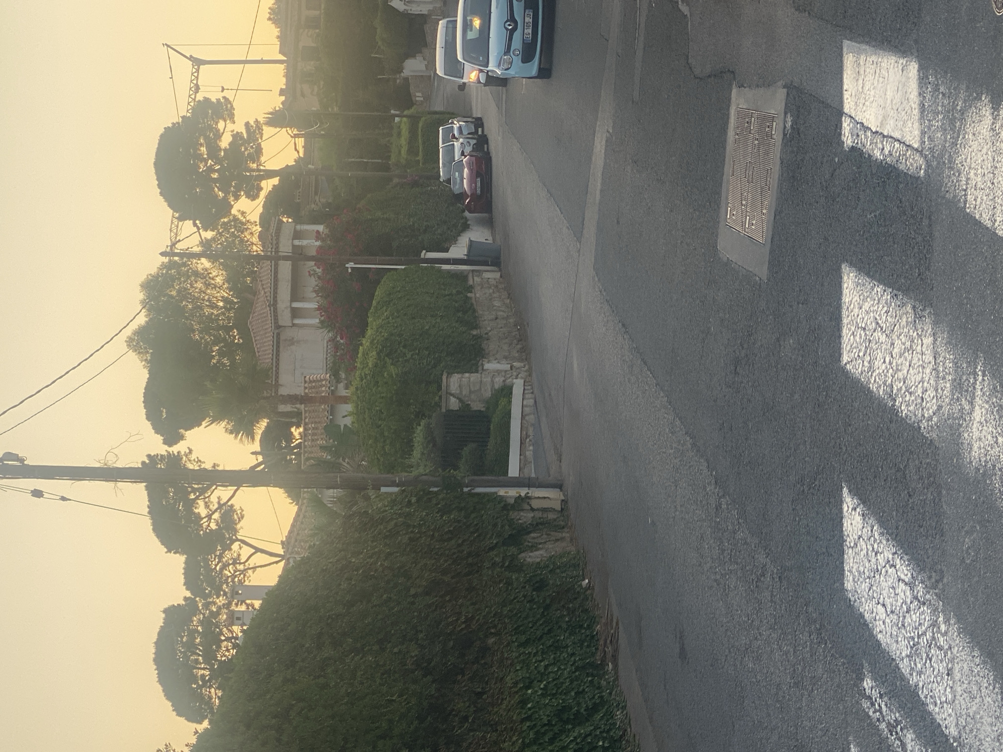 The image captures a quiet street scene in Antibes, France, during what appears to be either sunrise or sunset due to the warm, golden light illuminating the sky and casting soft shadows. The street is paved with asphalt and features a pedestrian crossing in the foreground, marked by white stripes. To the left of the street, a dense green hedge covers a hillside, and further up, the roof and part of a house are visible, with chimneys indicating it is a residential area. Several trees with distinctive needle-like foliage are scattered across the landscape, some silhouetted against the sky. In the background, a construction crane is visible, suggesting ongoing development.
The street itself is lined with parked cars. A light blue car, possibly a Renault Twingo, is positioned on the right side of the road, facing away from the camera. Further down the street, a red convertible, a white SUV, and a white van are parked. The overall environment suggests a suburban or semi-rural setting within the city. The presence of overhead power lines and a utility pole indicates urban infrastructure. There are no people visible in the image, and no discernible actions are taking place. The atmosphere is tranquil and still.