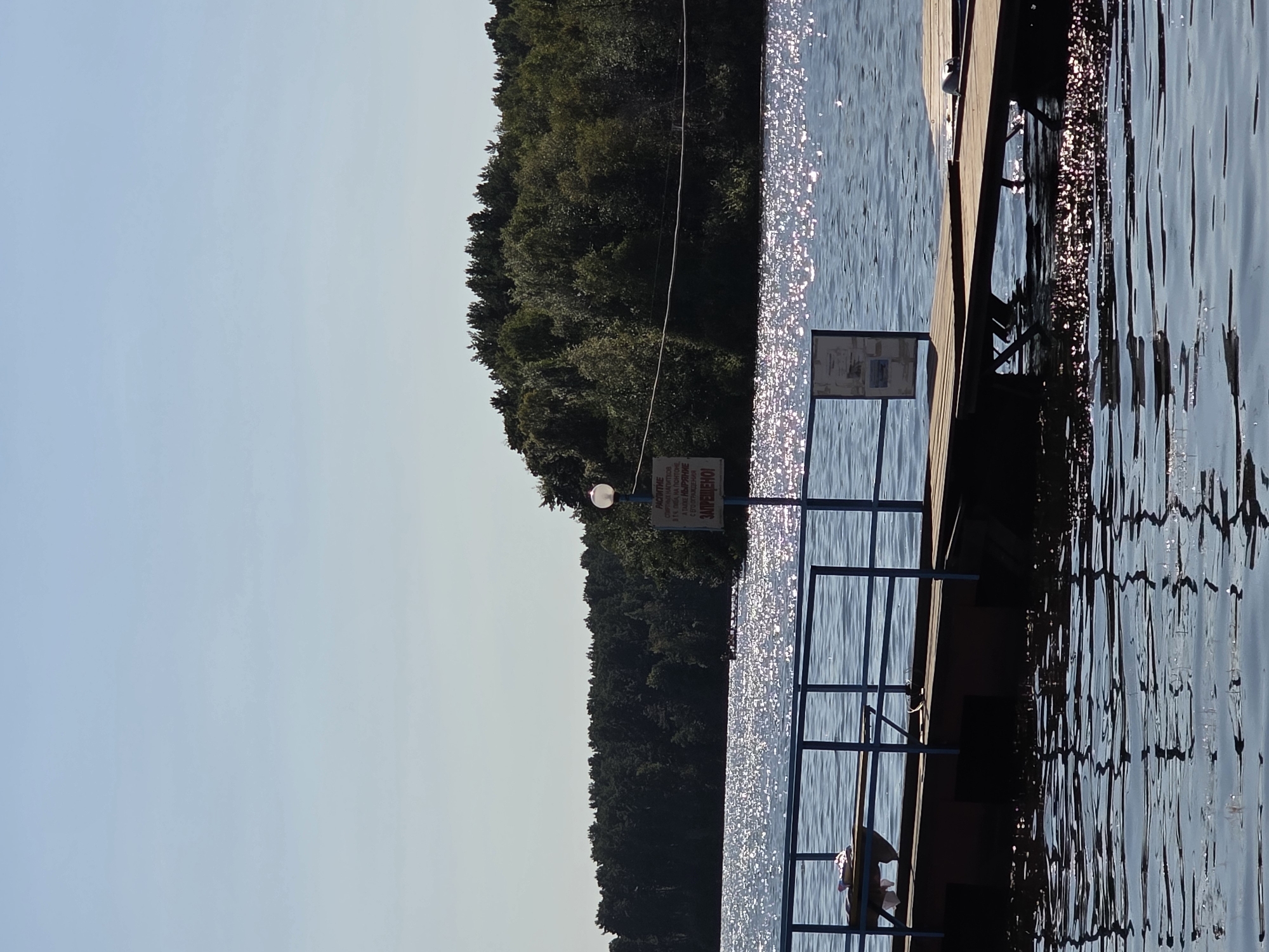 This is an eye-level, vertical, outdoor, medium shot captured on a sunny day. In the foreground, a wooden pier extends into a body of shimmering blue water. The pier has a blue railing with a wooden bench visible on the left side, where a white towel or cloth rests. Further along the pier, a signpost with a white informational sign and a red-bordered warning sign with Russian text is erected. The water is calm, reflecting the bright sunlight and the surrounding lush green forest that borders the far bank of the water. The sky is a clear, pale blue.
The signpost is a notable object in the scene. The red-bordered sign appears to be a warning sign, likely indicating prohibited activities. The Russian text on the signs is difficult to read due to the distance and resolution but likely pertains to safety regulations for the area. The overall impression is a serene and pleasant natural setting, possibly a recreational area for swimming or boating. Given the context of the city of Chebarkul, Russia, this scene is likely depicting a portion of Lake Chebarkul, a popular resort area.