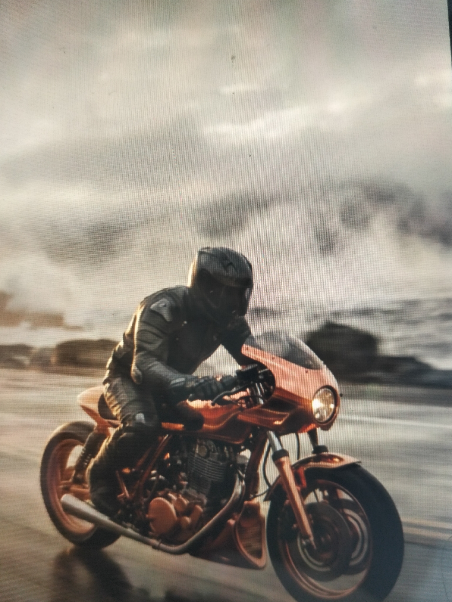 A motorcyclist wearing a black helmet and black riding gear is riding an orange motorcycle. The motorcycle has a cafe racer style fairing and a single round headlight. The rider is leaning into a turn. The background is a blurry, overcast sky and a body of water with rocks. The scene appears to be a coastal area. The image does not provide enough information to determine the location within the city of Payagaboh, Indonesia.
