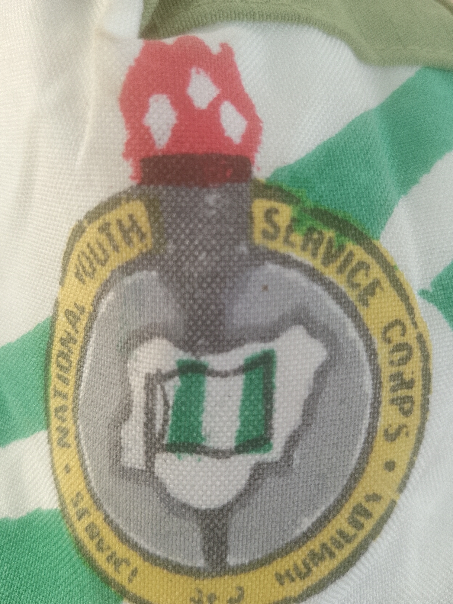 A close-up, overhead view shows a circular emblem embroidered on a white and green striped fabric. The emblem features a torch with a red and white top and a grey shaft. Encircling the torch is a yellow band with text. The words "NATIONAL YOUTH SERVICE CORPS" are visible on the upper half of the band, and "HUMILITY" is on the lower half. Within the yellow band, the emblem contains a grey circle with a depiction of Nigeria, featuring a green and white flag in the center. The fabric itself appears to be part of a garment or textile, likely a shirt or banner, with green stripes running diagonally. The image does not provide any information about the city of Majemu, Nigeria, or any specific location.