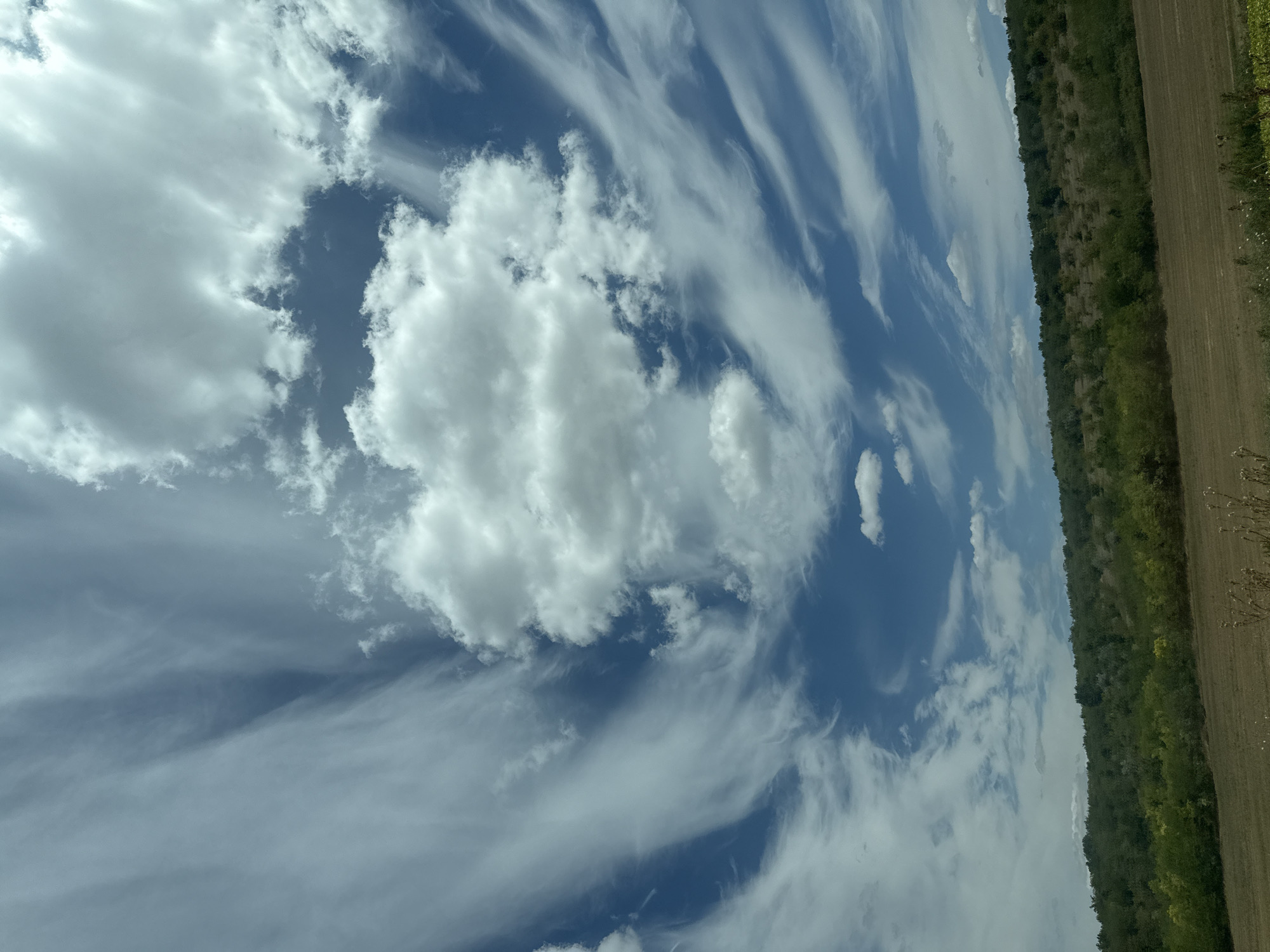 This is a photograph taken in Horesti, Moldova, featuring a vast expanse of sky filled with a dynamic mix of clouds. Wispy cirrus clouds stretch across the blue sky in sweeping patterns, suggesting high-altitude winds. In contrast, a large, puffy cumulus cloud dominates the central area of the sky, casting a shadow on the landscape below. The horizon is marked by a rolling hill covered in dense, green vegetation, with a strip of dry, harvested agricultural land in the foreground. The overall scene conveys a sense of open space and natural beauty.