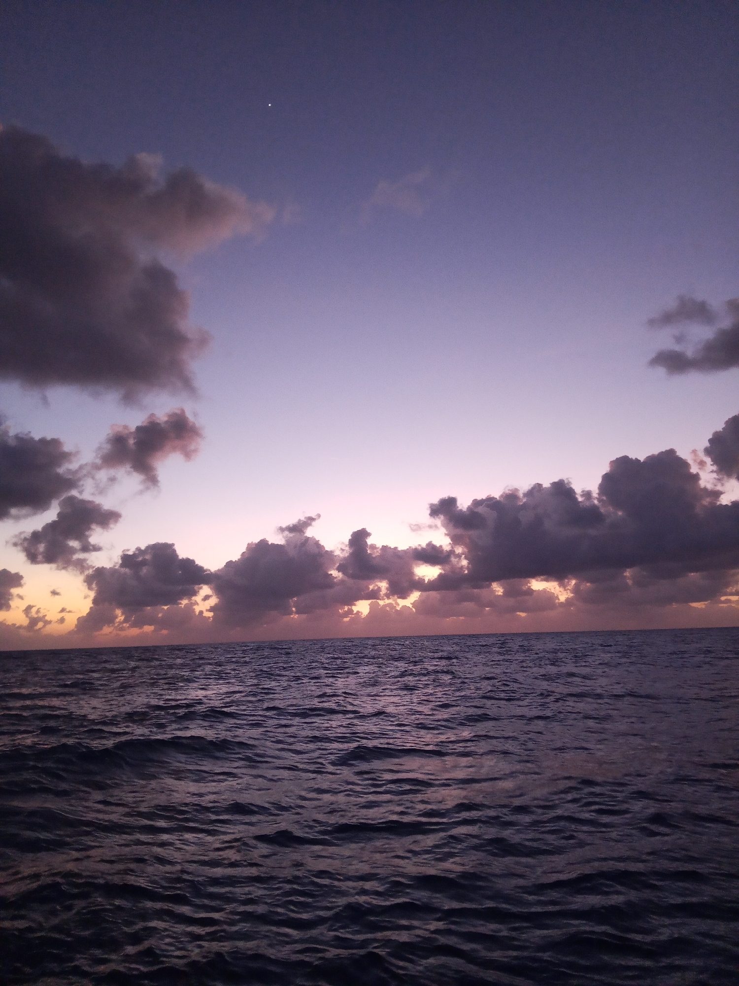 The image shows a vast expanse of dark, choppy ocean under a twilight sky. The sky transitions from a deep purple at the top to a soft pink and orange near the horizon, where scattered dark clouds are visible. A single bright star or planet is visible in the upper portion of the sky. The water is a deep, dark blue, with whitecaps indicating rough conditions. The scene appears to be at sea, with no land or structures visible.