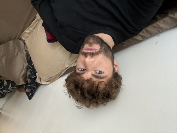A young adult male is depicted in an indoor setting, specifically a bedroom or lounge area, located in Paris, France. The subject, positioned centrally, has brown curly hair and a full brown beard. He is wearing a black long-sleeved shirt. His brown eyes are directed slightly upward and to the viewer's left. He is seen from the chest up, propped against several pillows. A large light beige-gold pillow supports his head and upper back, with another similar pillow partially visible to its right. Behind these, a dark blue pillow with a floral pattern is visible, along with a partial view of a red/burgundy pillow. The visible bedding beneath the subject and pillows is brown. The background on the left consists of a plain, light-colored wall.