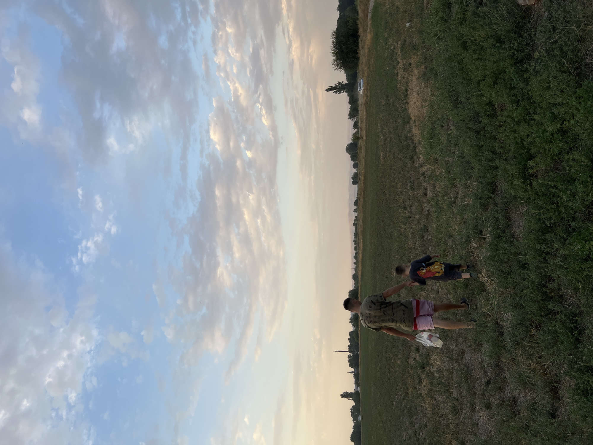 The image depicts a father and son walking away from the camera across a grassy field. The father, on the left, wears a camouflage t-shirt and pink shorts, carrying a white plastic bag in his left hand. The son, to his right, wears a dark t-shirt with a colorful image on the back and walks hand-in-hand with his father. They are moving towards a distant treeline that separates the field from a hazy horizon. The sky above is a mixture of pale blue and scattered white and gray clouds, suggesting it is either early morning or late afternoon. In the middle distance, to the right of the treeline, a white car is visible on a dirt road. The overall setting appears to be rural, consistent with the outskirts of Drujba, Kyrgyzstan, characterized by open fields and sparse vegetation.