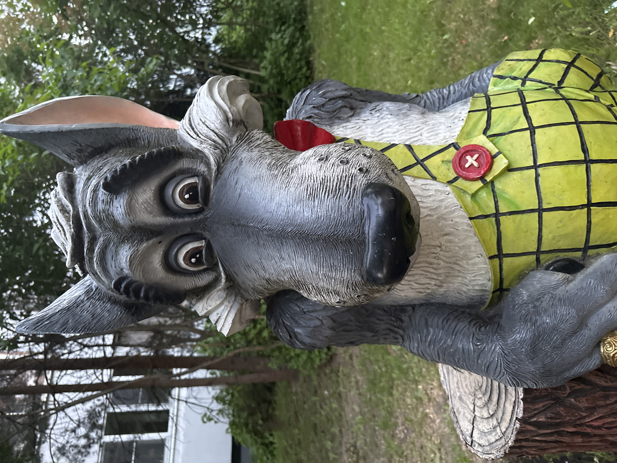 This is a full-shot, eye-level, outdoor photograph of a statue of a cartoon wolf. The statue is positioned in front of a building and trees. The wolf is gray with black fur markings, and it is wearing a yellow plaid overalls with a red button, and a red bowtie. The wolf has a large nose, big eyes with visible pupils and irises, and large ears. It is sitting on a tree stump. The background includes green grass, trees, and a white building with windows. The photograph was taken in an unknown location in Russia.