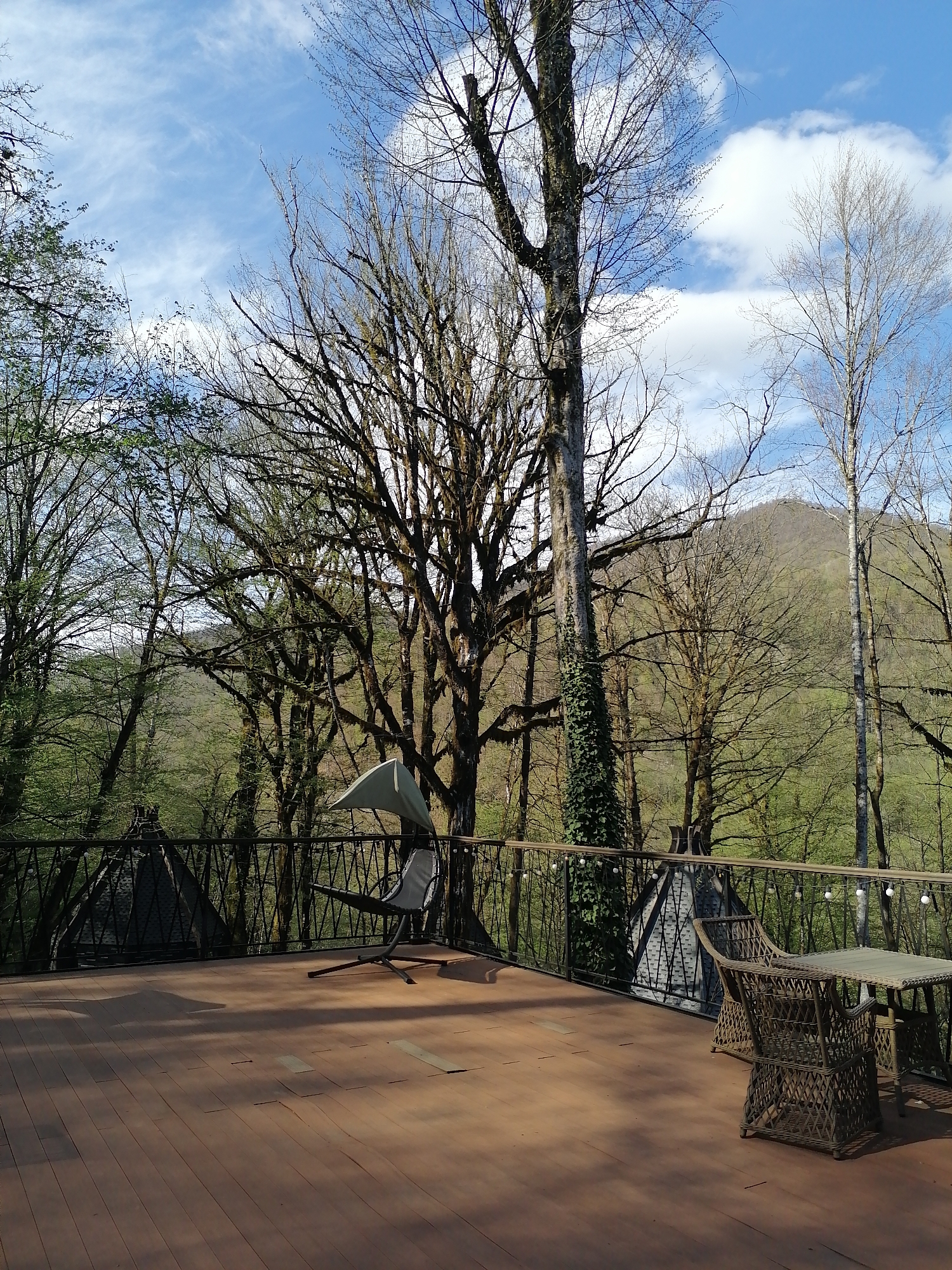 The image captures an expansive outdoor wooden deck offering a panoramic view of a lush, forested mountainous landscape. The deck, constructed from reddish-brown planks, dominates the foreground, leading to a dark metal railing with a decorative, geometric pattern. A string of spherical white lights is draped along the top of the railing, suggesting potential evening use.
On the left side of the deck, a modern outdoor swing chair with a light-colored canopy provides a seating option. To the right, a small, dark wicker table is accompanied by two matching chairs, set up for dining or leisure. Beyond the railing, two dark, conical or teepee-shaped structures are visible amidst the trees, possibly unique accommodations.
The surrounding environment is rich with dense forest. Many trees in the midground are tall and slender, featuring dark, often gnarled branches that appear either bare or are just beginning to show light green buds, indicative of early spring. A prominent tree trunk on the left is heavily covered in ivy. In the distance, rolling mountains are blanketed with vibrant, full green foliage. The sky above is a bright blue with scattered white clouds, varying from wispy formations to more substantial cumulus clouds.
The scene depicts a serene natural setting, likely a resort or retreat in Medoveevka, Russia. The bright, clear daylight suggests it is daytime, with shadows indicating morning or afternoon. There are no people or animals visible, and no visible text in the image.