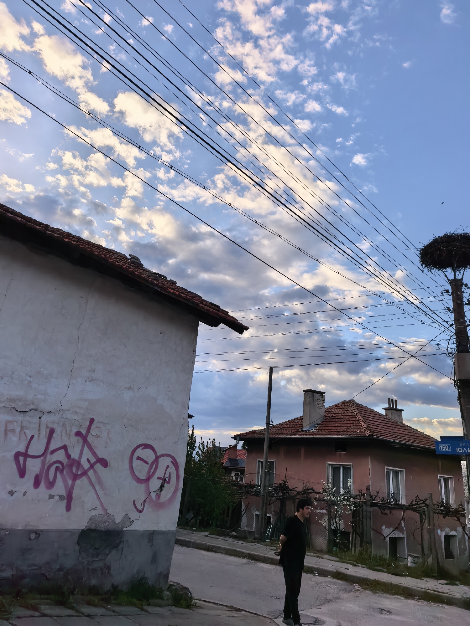 A man in dark clothing stands on a paved road beside a building with pink graffiti. Overhead, numerous power lines stretch across a sky filled with patchy white and gray clouds. To the right, a two-story building with a red-tiled roof is visible, flanked by a utility pole topped with a large bird's nest. A street sign bearing the number "150" is affixed to the utility pole. The building with the graffiti is light-colored with a red-tiled roof. The location is indicated as Unknown, Unknown.