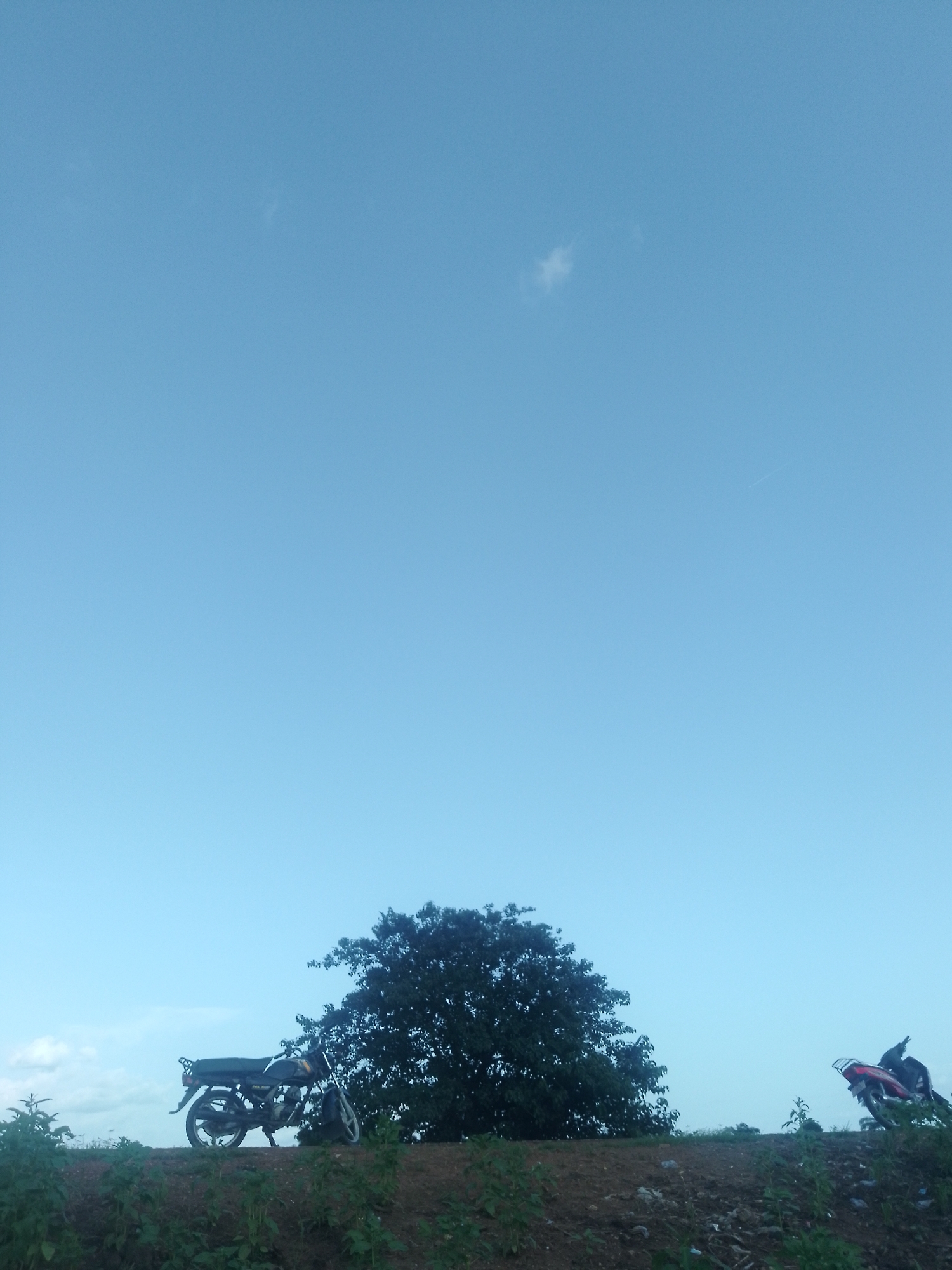 The image shows an outdoor scene with a clear, pale blue sky dominating the upper portion. In the lower part of the image, a dirt embankment is visible, covered with sparse green vegetation. On the left side of the embankment, a dark-colored motorcycle is parked. To the right of the motorcycle and further down the embankment, a large, leafy tree stands. On the far right of the embankment, another motorcycle, this one red and black, is parked. The lighting suggests it is daytime, possibly late afternoon or early morning due to the soft light. The location is identified as Serti, Nigeria. There are no people visible in the image.
