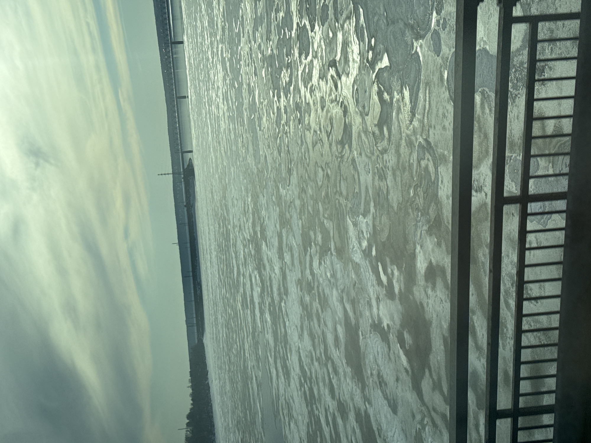 The image shows a view from a bridge in Пальники, Russia. The sky is overcast with light clouds. Below the bridge, a frozen body of water is visible, possibly a river or a lake, with a patterned ice surface. To the left, the opposite shoreline of the river or lake is visible with some trees and buildings along the shore, including some industrial structures like power line towers. The foreground features a gray bridge railing.