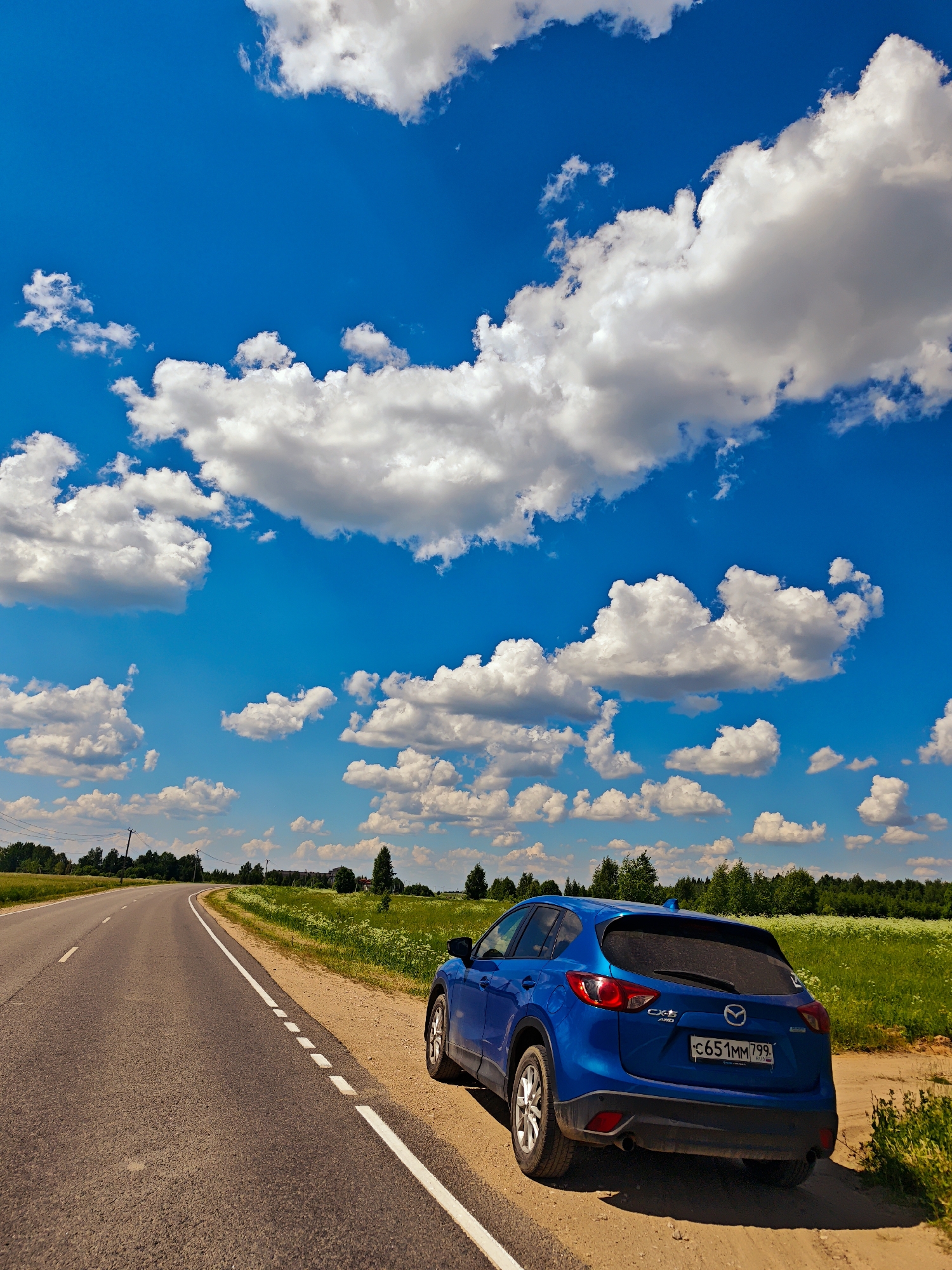 A blue Mazda CX-5 SUV is parked on the side of a rural asphalt road. The car is facing right, and its rear is visible. The road curves to the left and stretches into the distance. The environment is a bright, sunny day with a clear blue sky filled with fluffy white clouds. Fields of green grass and wildflowers line the road, with a dense line of trees in the background. Electrical poles and wires are also visible in the distance. The license plate on the car reads "C651MM 799 RUS". There are no people visible in the image. The scene appears to be a roadside in the countryside, possibly near the city of Kirovo, Russia.