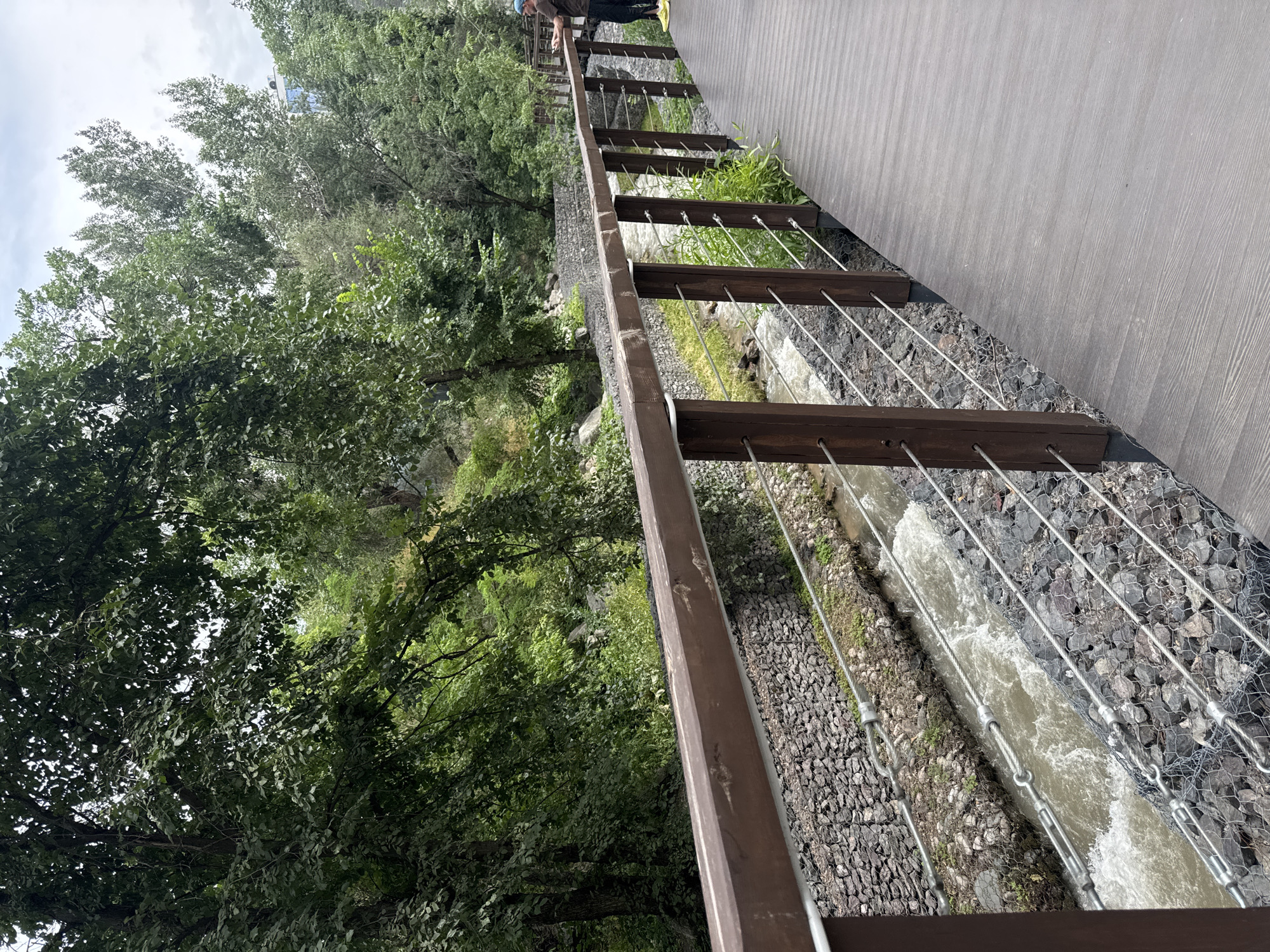 The image shows a pedestrian walkway bordering a rocky riverbed with a fast-flowing stream. The walkway is made of dark wooden planks and has a brown wooden railing with metal supports. On the left side of the walkway, a steep bank covered with rocks and vegetation lines the river. The river itself has murky, fast-moving water. Lush green trees and foliage are visible on the far bank of the river and in the background. In the distance, a modern blue building is partially visible through the trees. A person wearing a blue cap, brown t-shirt, and dark pants is standing on the walkway, looking towards the river. This scene is located in Almaty, Kazakhstan, specifically in the area of Kok Tobe park, where the Mamyr River flows through a developed recreational zone.