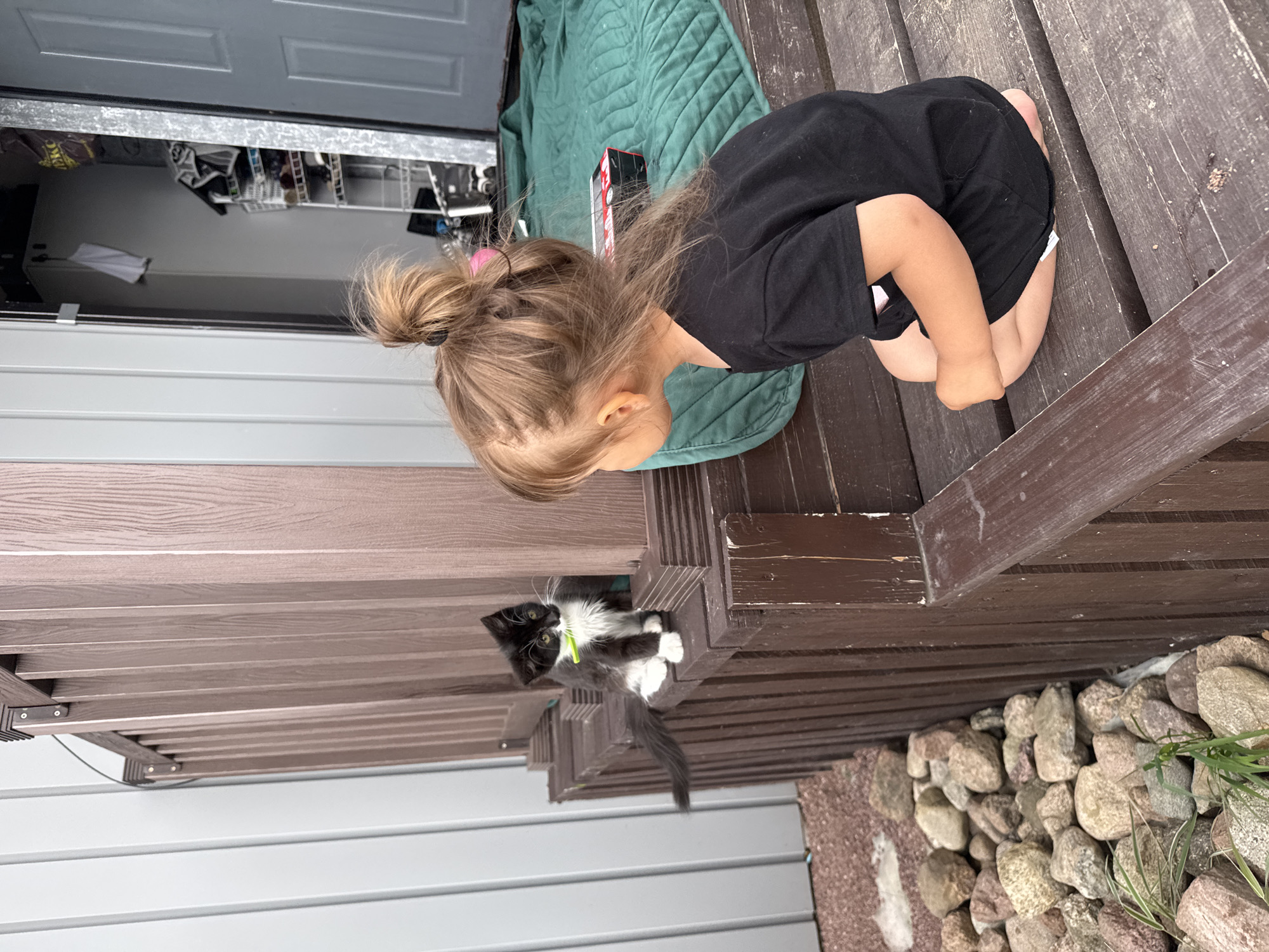 In the city of Kempelevo, Russia, a young child with blonde hair pulled into a messy bun, wearing a black t-shirt and black shorts, is crouched on a wooden deck. The child is facing away from the camera, looking intently at a small black and white kitten perched on a wooden railing. The kitten is wearing a bright yellow collar. The deck is made of weathered brown wood, with a wooden railing and posts. To the left of the deck, there are rocks and some sparse greenery. Behind the child, a green quilted mat is laid out on the deck, with a black and red box on top of it. To the right, a doorway leads into a storage area with shelves filled with various items. The background consists of a light-colored, vertical-paneled wall.